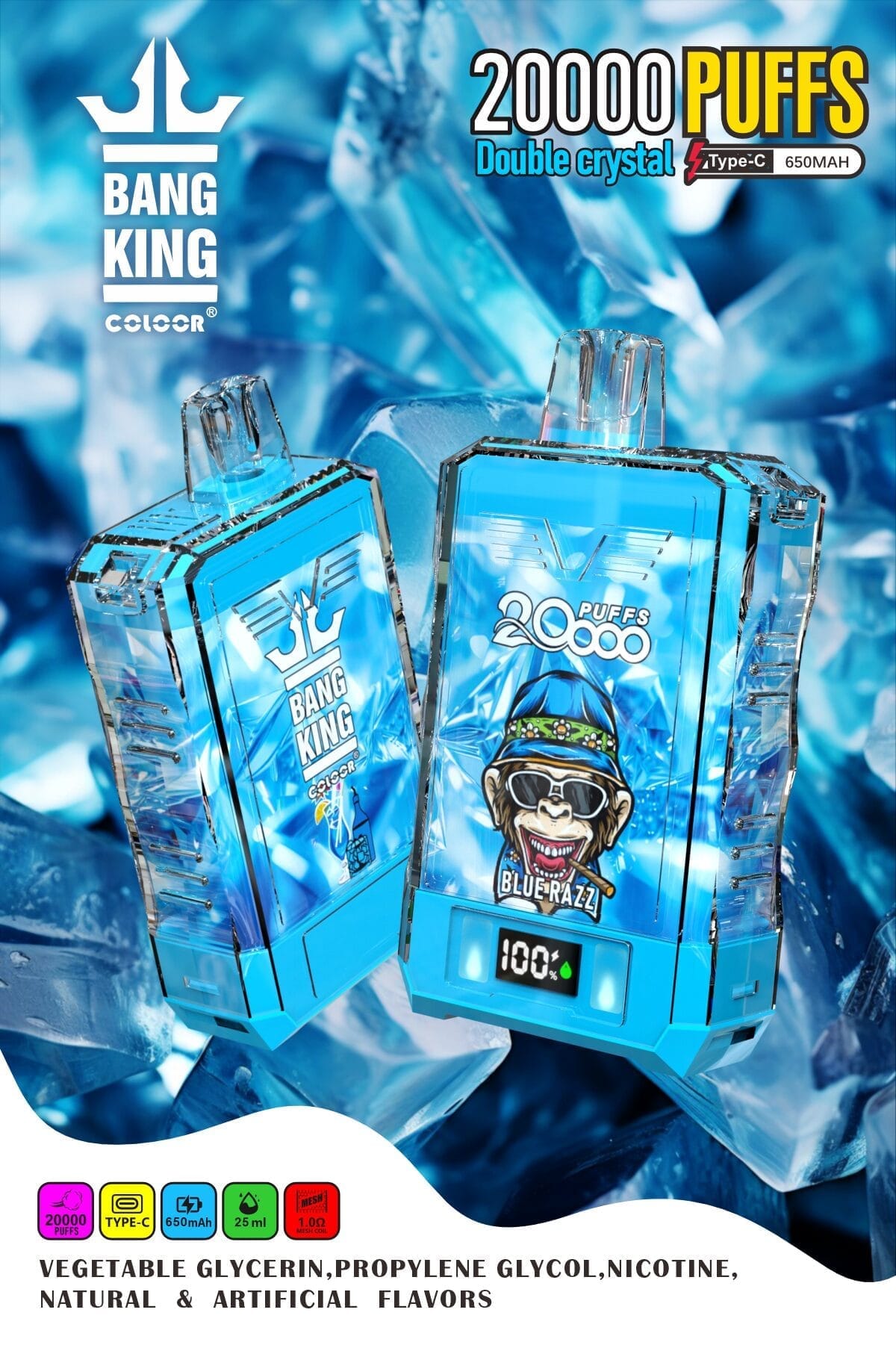 Bang King Double Crystal 20000 Puffs | 0%-5% nicotine, 25mL, 650mAh, bulk vape - Image 2