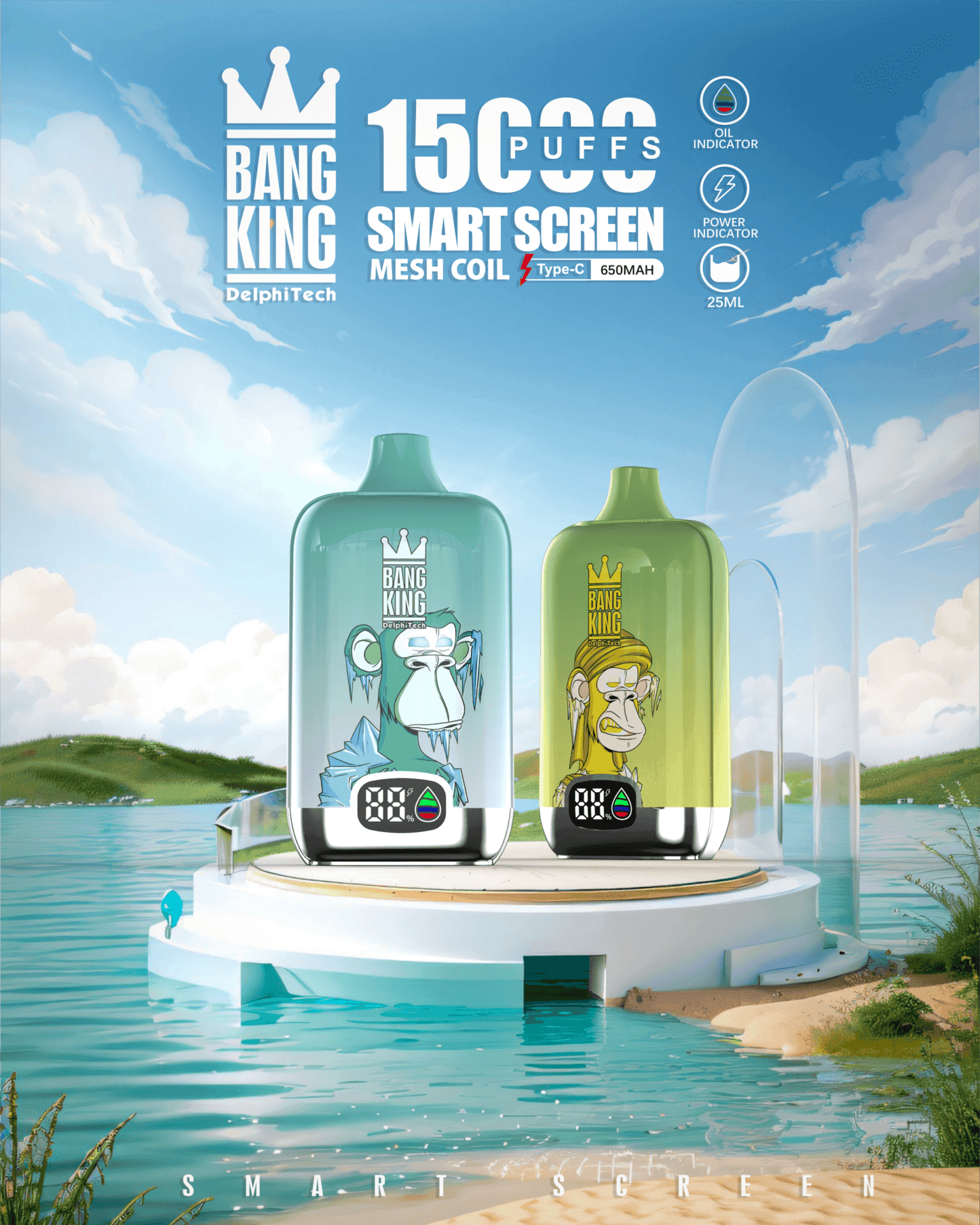 Bang King Smartscreen 15000 Puffs | 0%-5% nicotine, 25mL, smart display, bulk vape