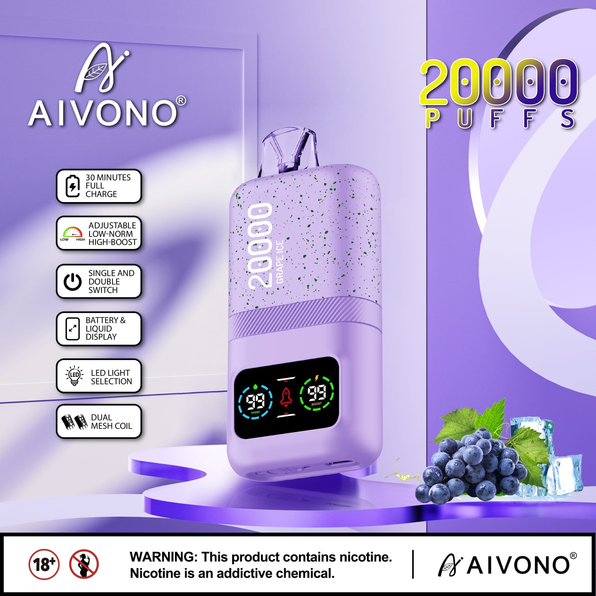 AIVONO AIM MAGIC 20000 Puffs | 0%-5% nicotine, 26mL, dual mesh, LCD display, bulk vape - Image 2