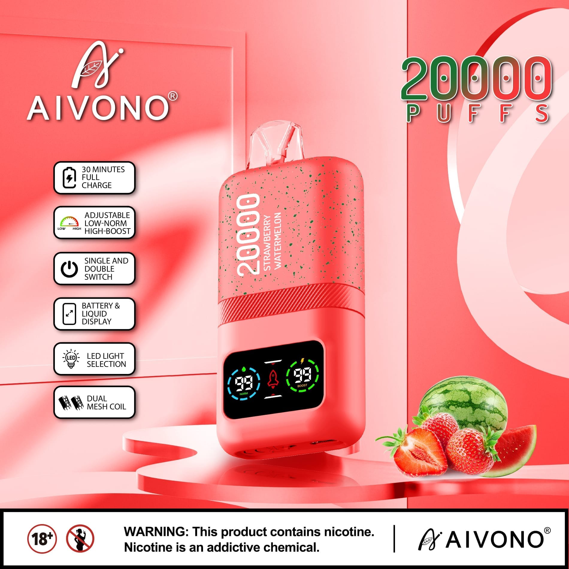 AIVONO AIM MAGIC 20000 Puffs | 0%-5% nicotine, 26mL, dual mesh, LCD display, bulk vape - Image 3