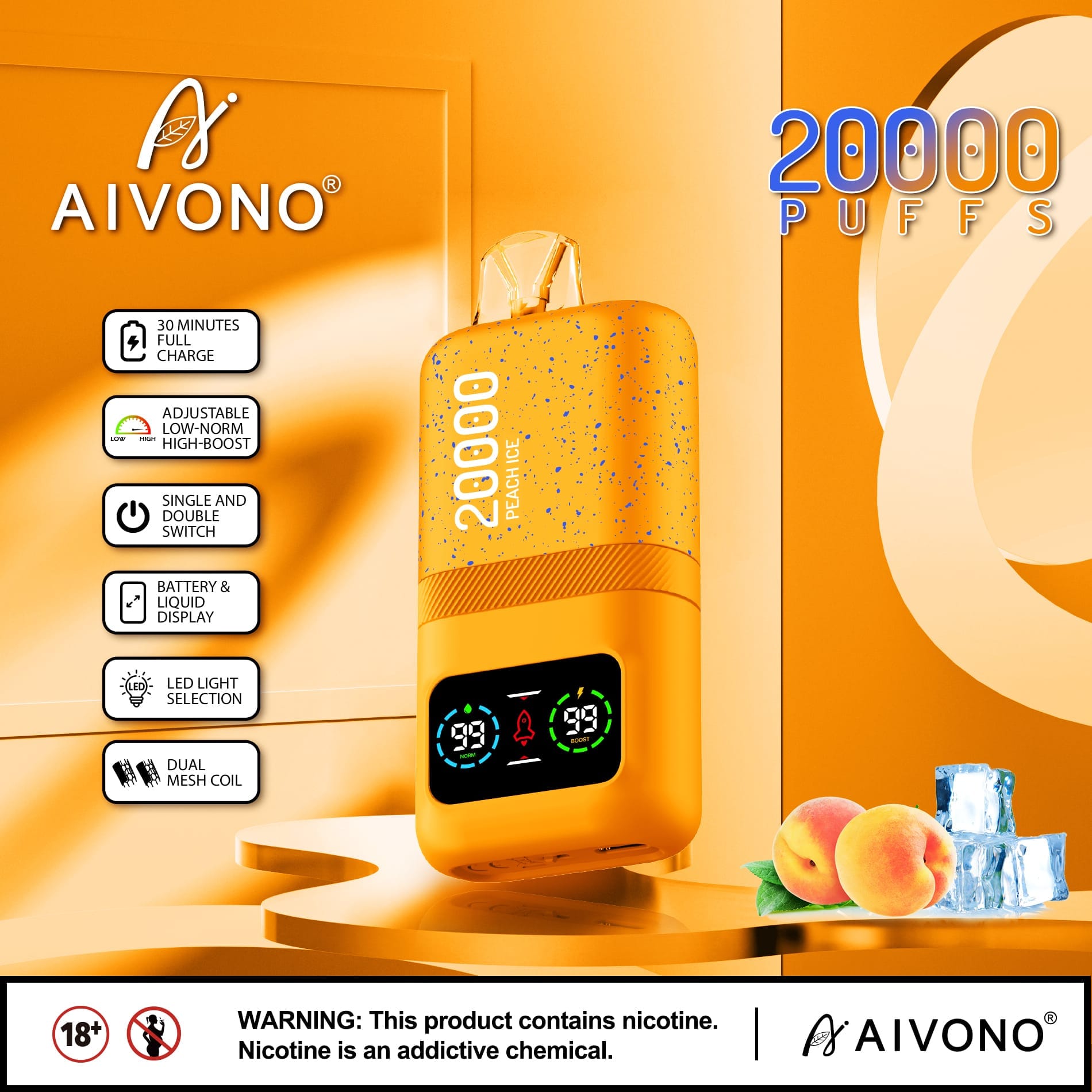 AIVONO AIM MAGIC 20000 Puffs | 0%-5% nicotine, 26mL, dual mesh, LCD display, bulk vape - Image 4