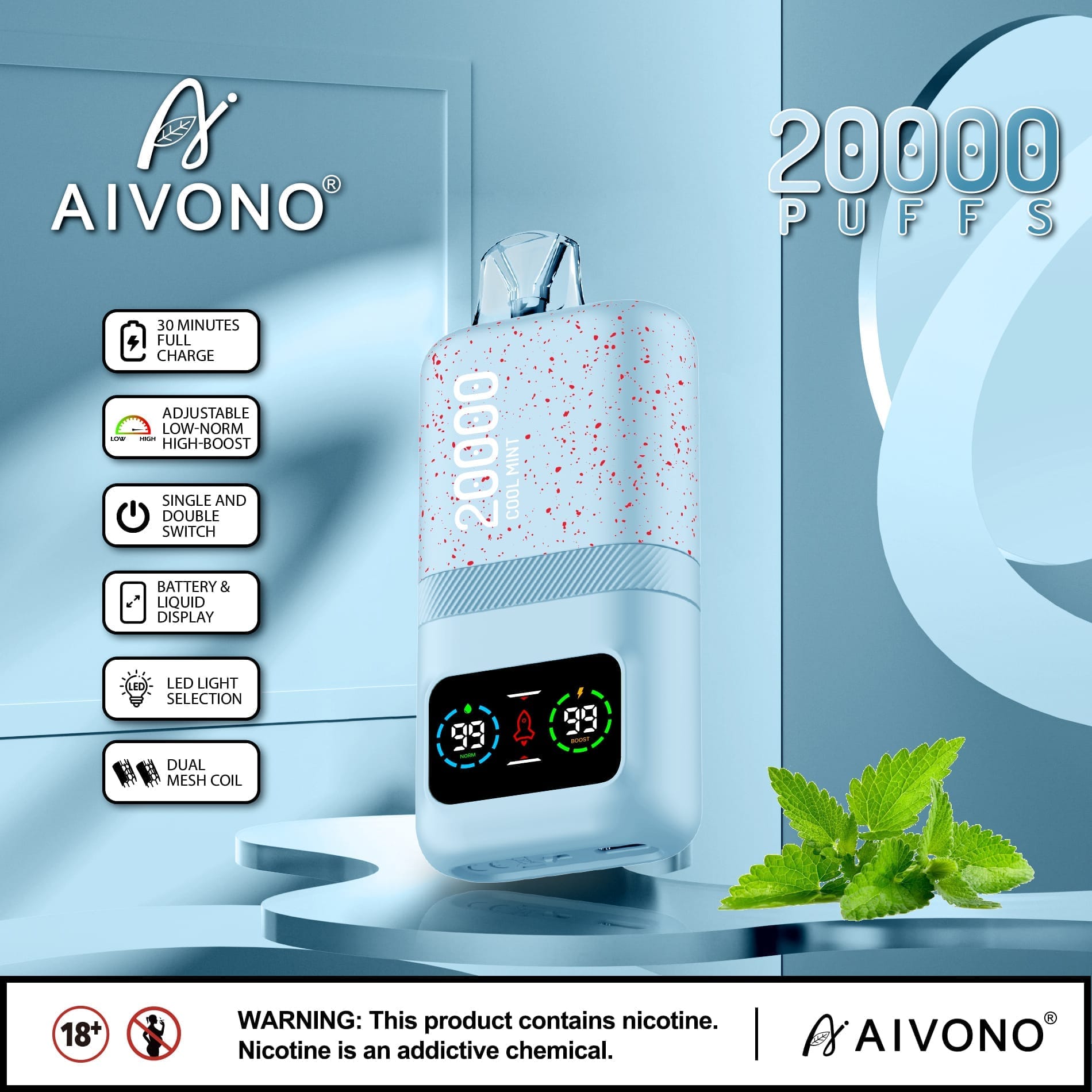 AIVONO AIM MAGIC 20000 Puffs | 0%-5% nicotine, 26mL, dual mesh, LCD display, bulk vape - Image 5