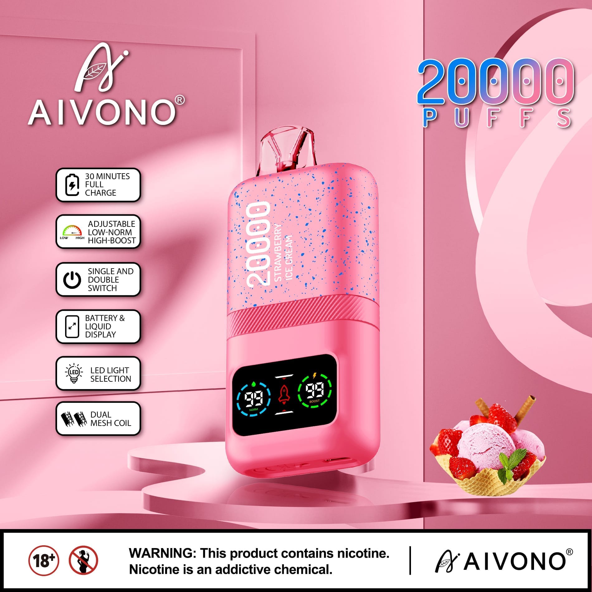 AIVONO AIM MAGIC 20000 Puffs | 0%-5% nicotine, 26mL, dual mesh, LCD display, bulk vape - Image 6