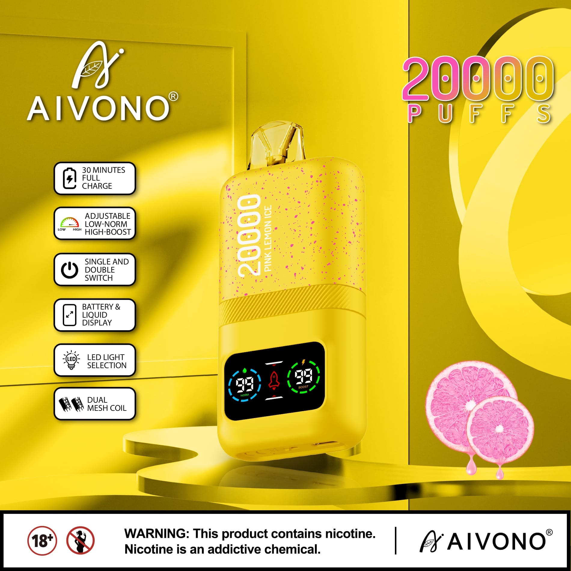 AIVONO AIM MAGIC 20000 Puffs | 0%-5% nicotine, 26mL, dual mesh, LCD display, bulk vape - Image 7
