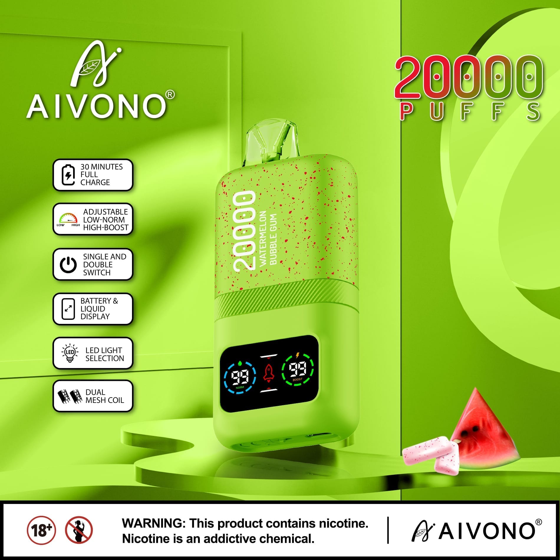 AIVONO AIM MAGIC 20000 Puffs | 0%-5% nicotine, 26mL, dual mesh, LCD display, bulk vape - Image 8