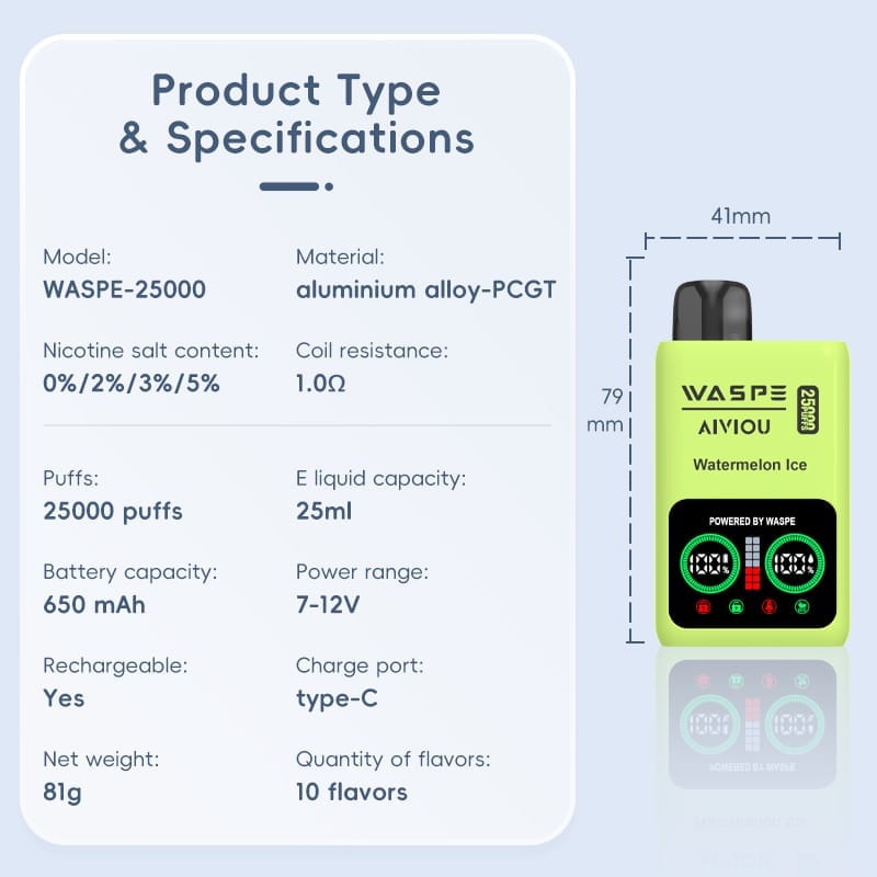 WASPE 25000 Puffs | 0%-5% nicotine, 25mL, dual mesh, LCD display, bulk disposable vape - Image 3