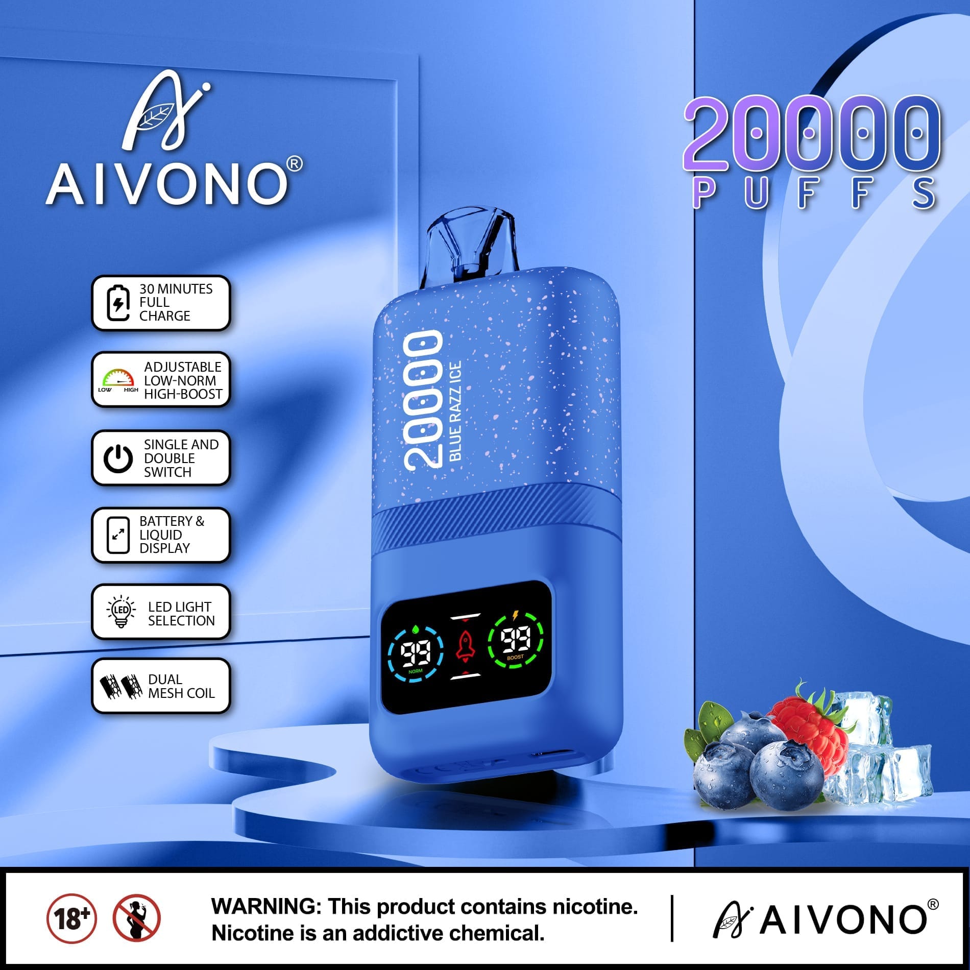 AIVONO AIM MAGIC 20000 Puffs | 0%-5% nicotine, 26mL, dual mesh, LCD display, bulk vape - Image 9