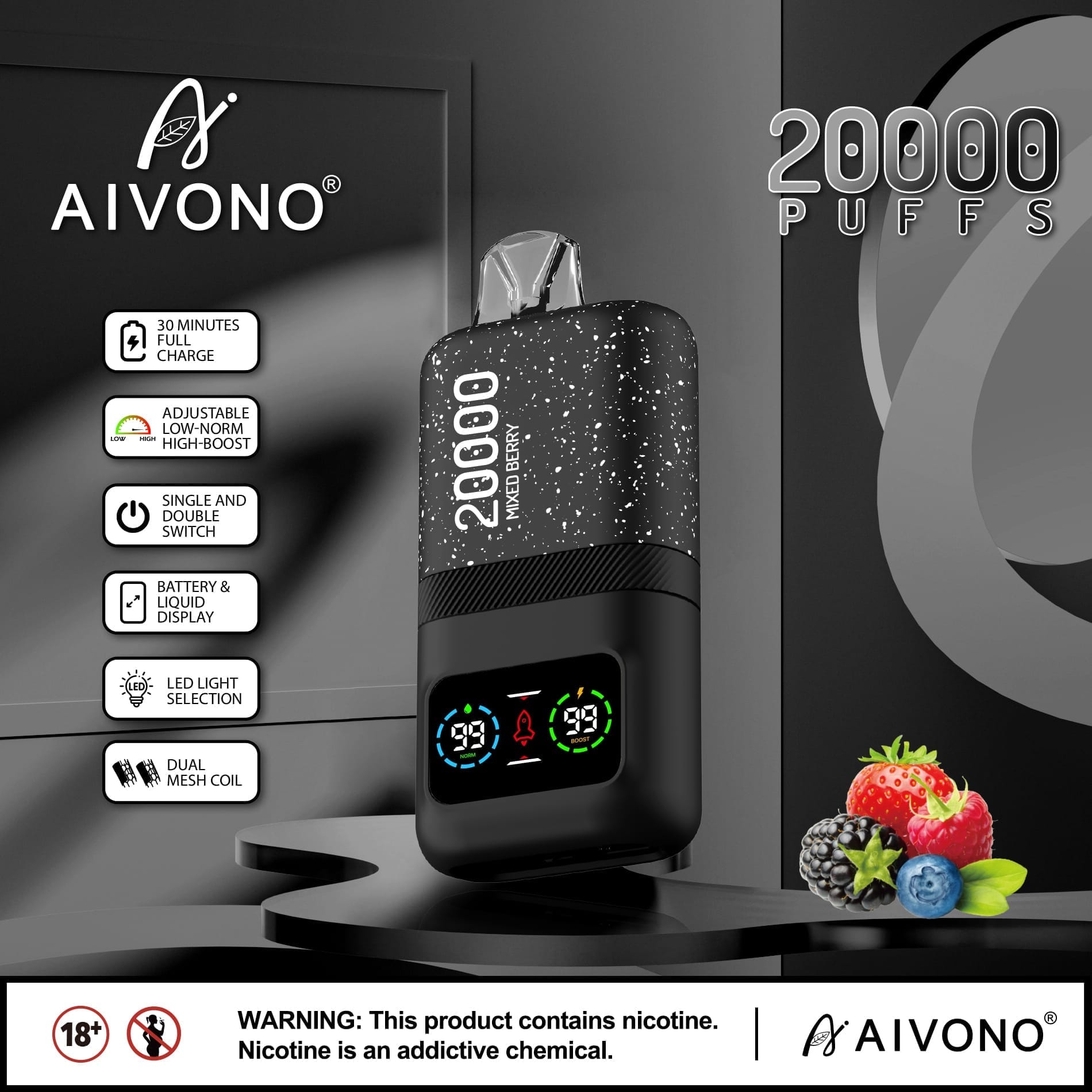 AIVONO AIM MAGIC 20000 Puffs | 0%-5% nicotine, 26mL, dual mesh, LCD display, bulk vape - Image 10