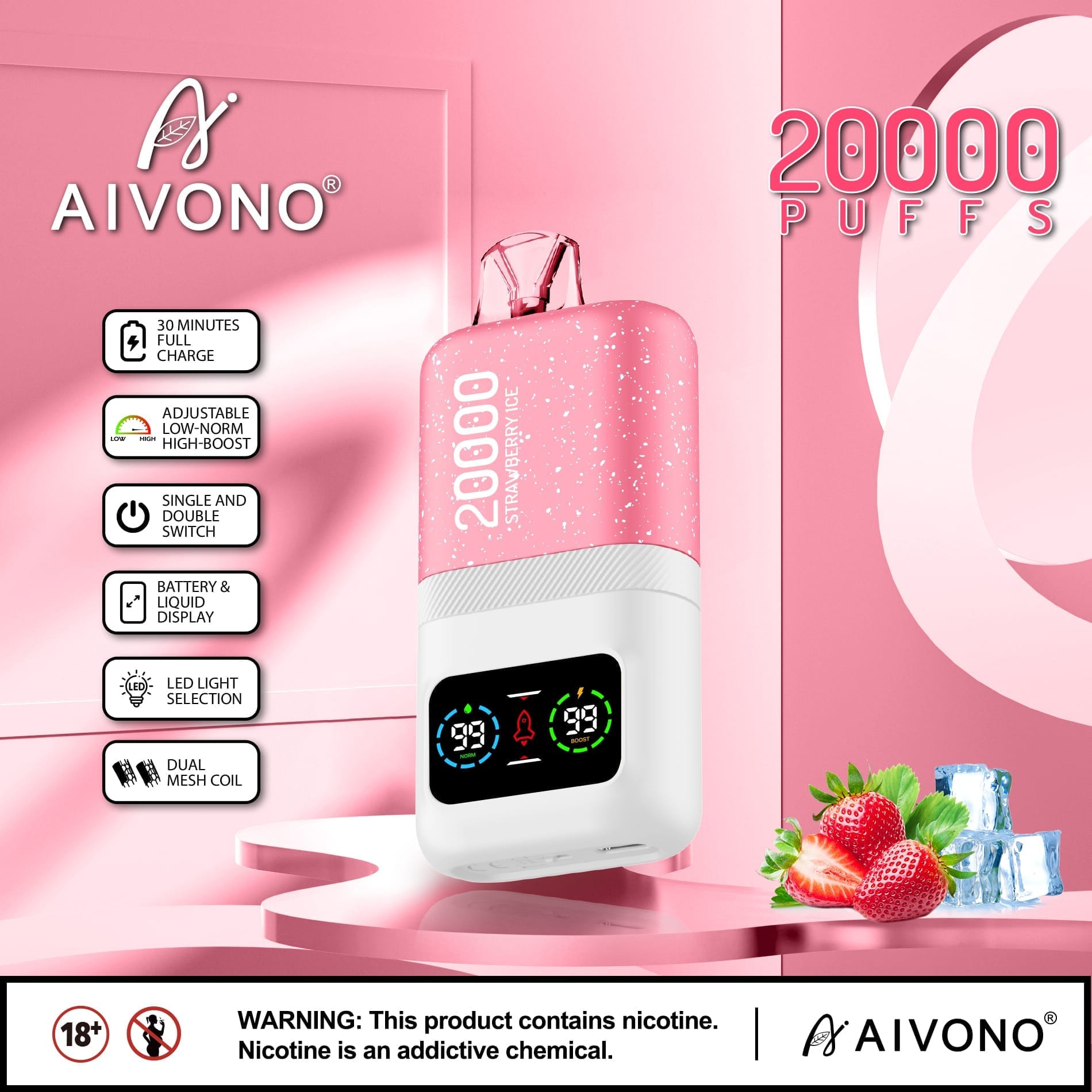 AIVONO AIM MAGIC 20000 Puffs | 0%-5% nicotine, 26mL, dual mesh, LCD display, bulk vape - Image 12