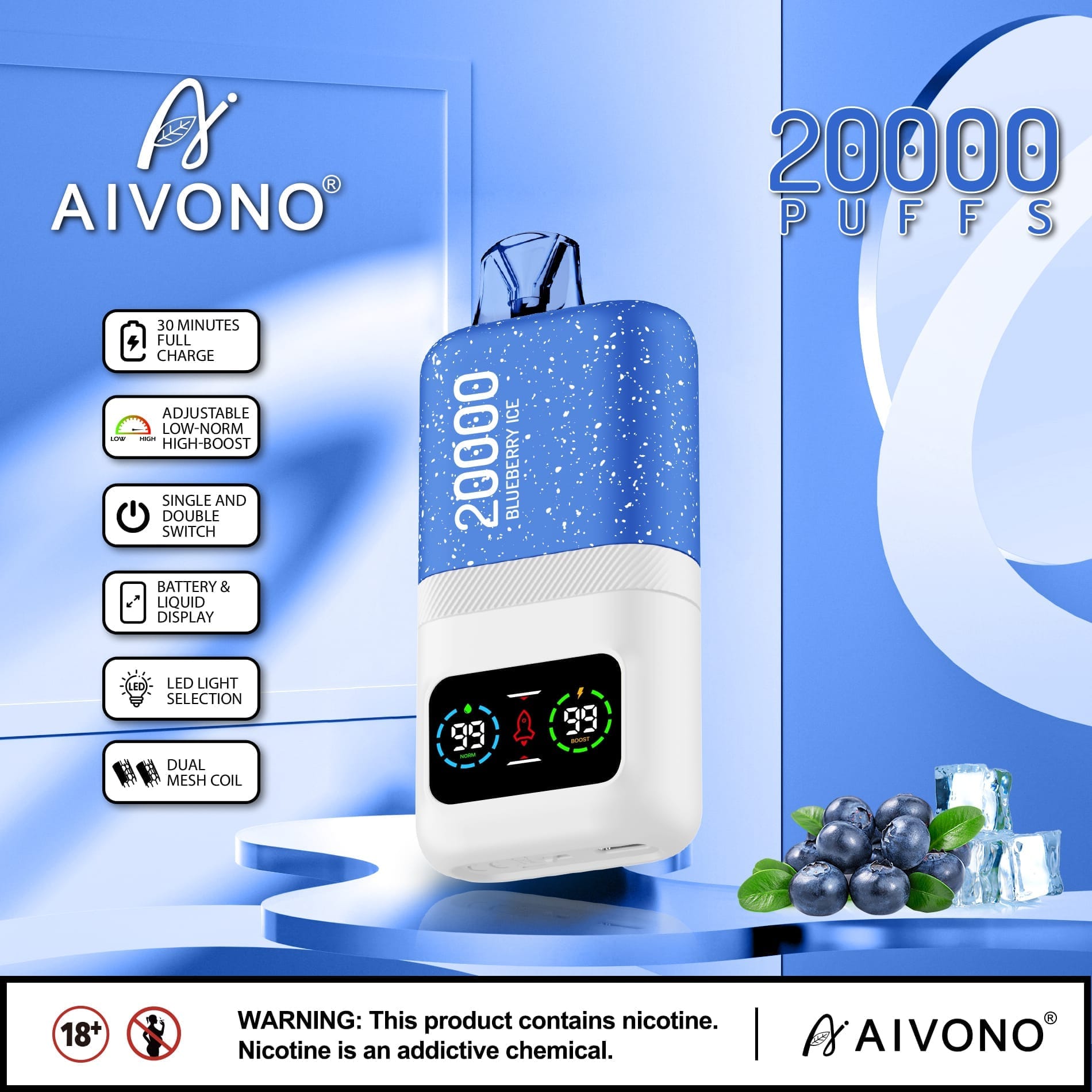 AIVONO AIM MAGIC 20000 Puffs | 0%-5% nicotine, 26mL, dual mesh, LCD display, bulk vape - Image 15