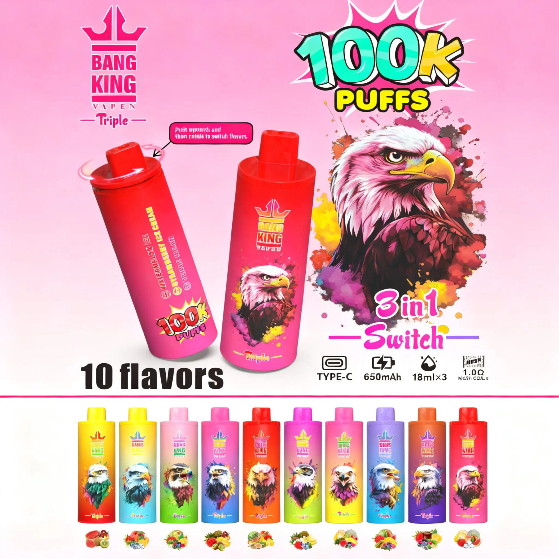 Bang King Triple 100K | 3-in-1 100000 puffs, triple flavor, rechargeable, long-lasting disposable vape - Image 2