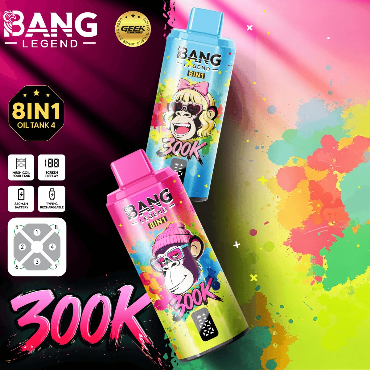 Bang Legend Geek 300K | 8-in-1 flavor switch, 300000 puffs, rechargeable, bulk disposable vape