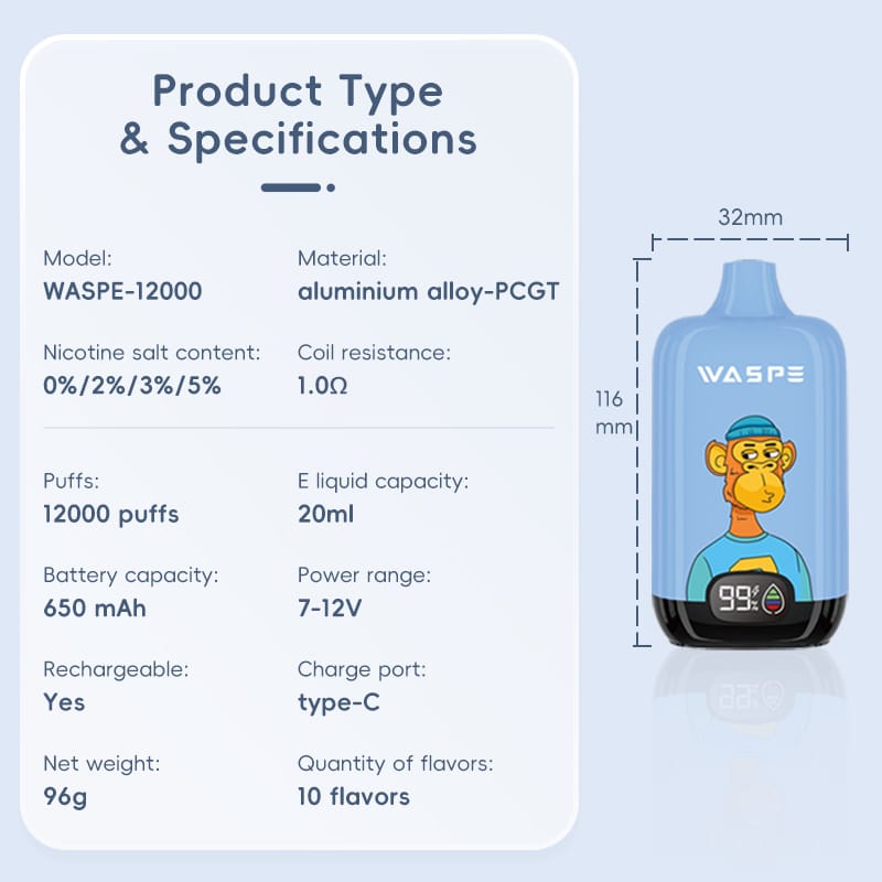 WASPE 12000 Puffs | 0%-5% nicotine, 20mL, 650mAh, LCD display, bulk disposable vape - Image 3