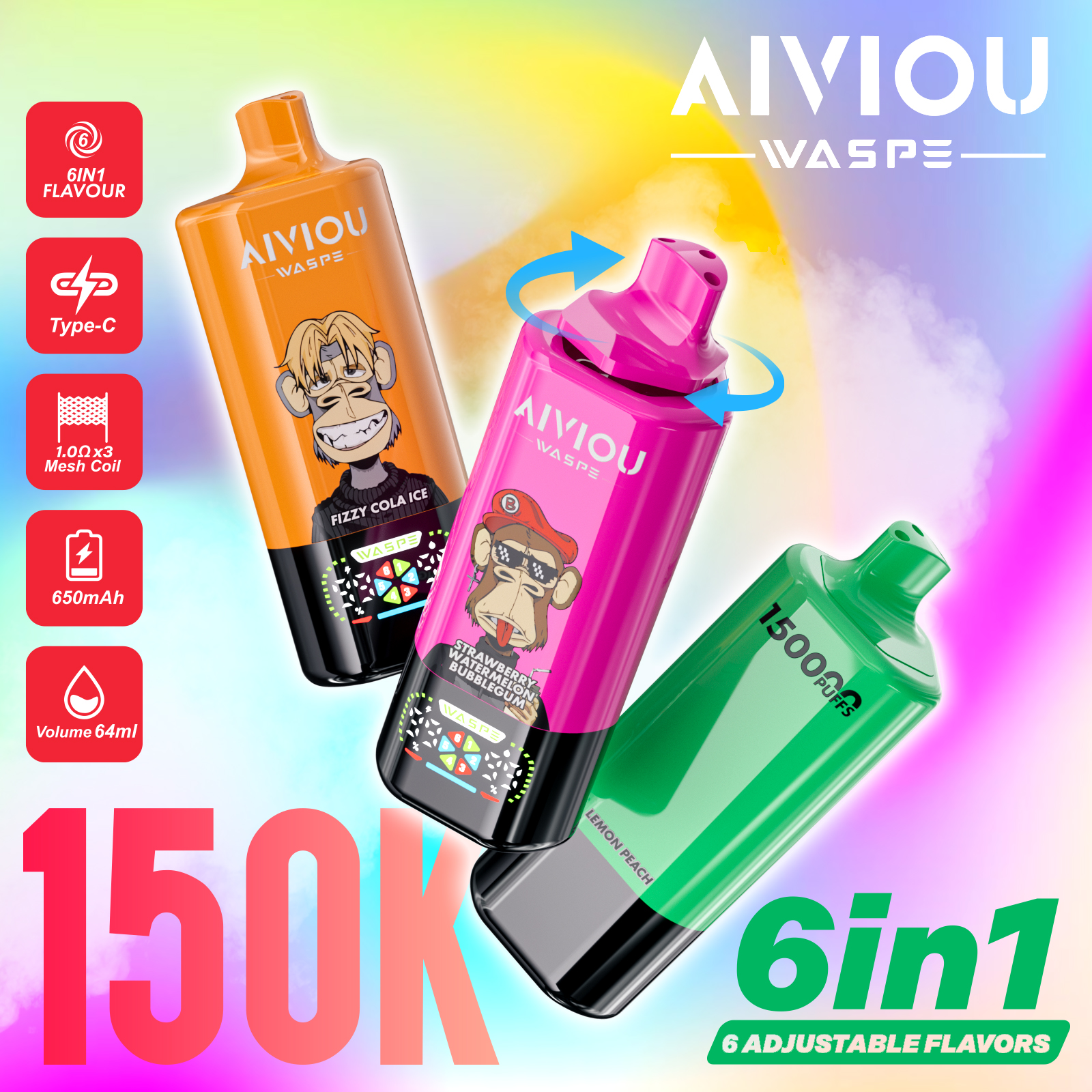 WASPE AIVIOU 150K | 150000 puffs, 64mL, 6 flavors in one, 6-in-1, longest-lasting, bulk disposable vape