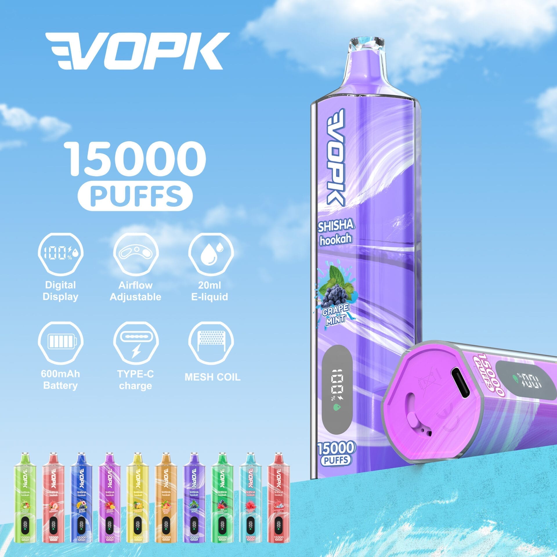 VOPK Shisha Hookah 15000 Puffs | 0%-5% nicotine, 20mL, bulk disposable vape