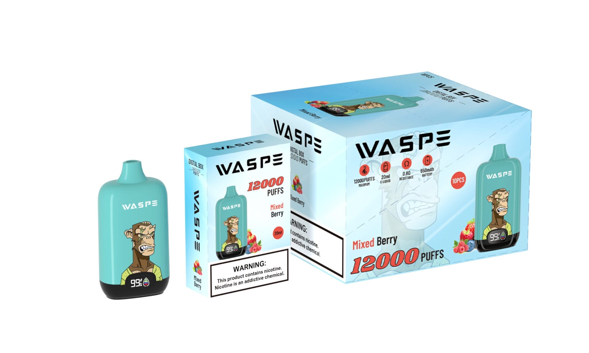 WASPE 12000 Puffs | 0%-5% nicotine, 20mL, 650mAh, LCD display, bulk disposable vape - Image 9