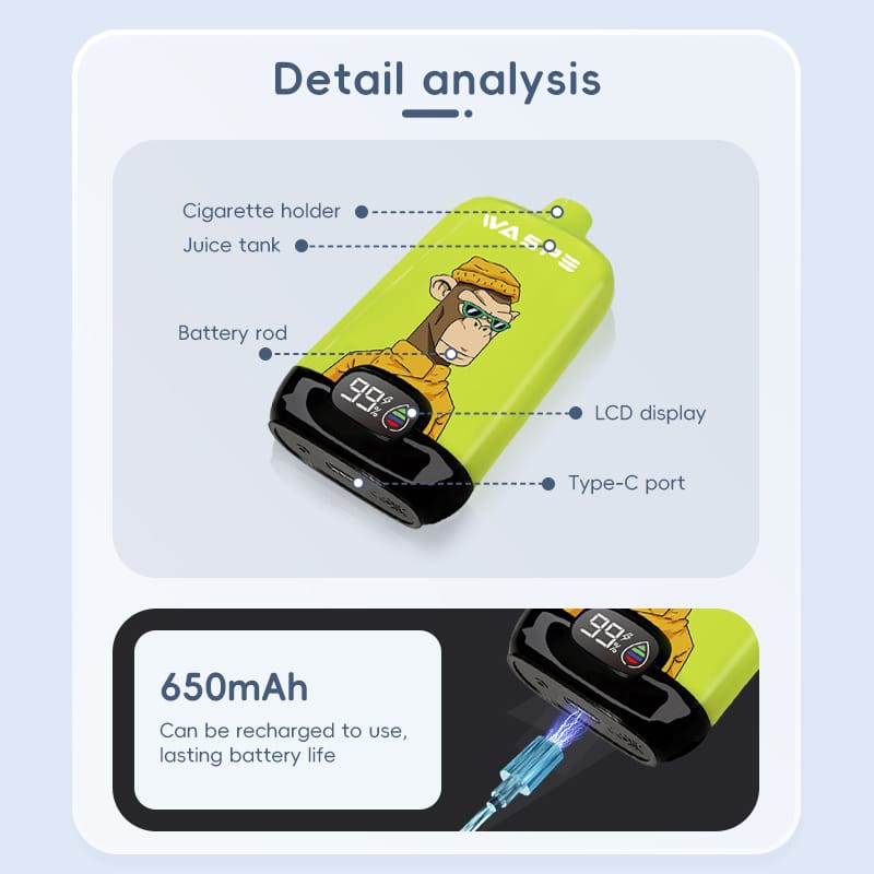 WASPE 12000 Puffs | 0%-5% nicotine, 20mL, 650mAh, LCD display, bulk disposable vape - Image 2