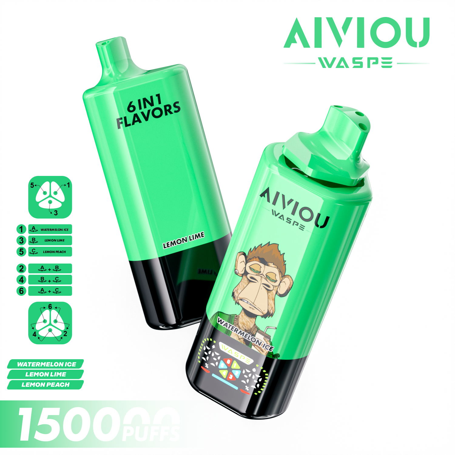 WASPE AIVIOU 150K | 150000 puffs, 64mL, 6 flavors in one, 6-in-1, longest-lasting, bulk disposable vape - Image 2