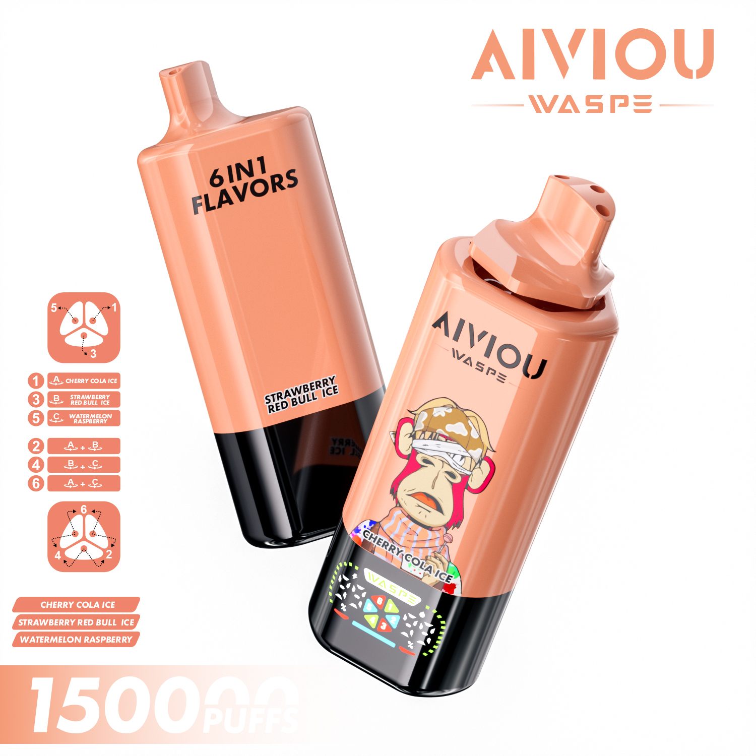 WASPE AIVIOU 150K | 150000 puffs, 64mL, 6 flavors in one, 6-in-1, longest-lasting, bulk disposable vape - Image 6