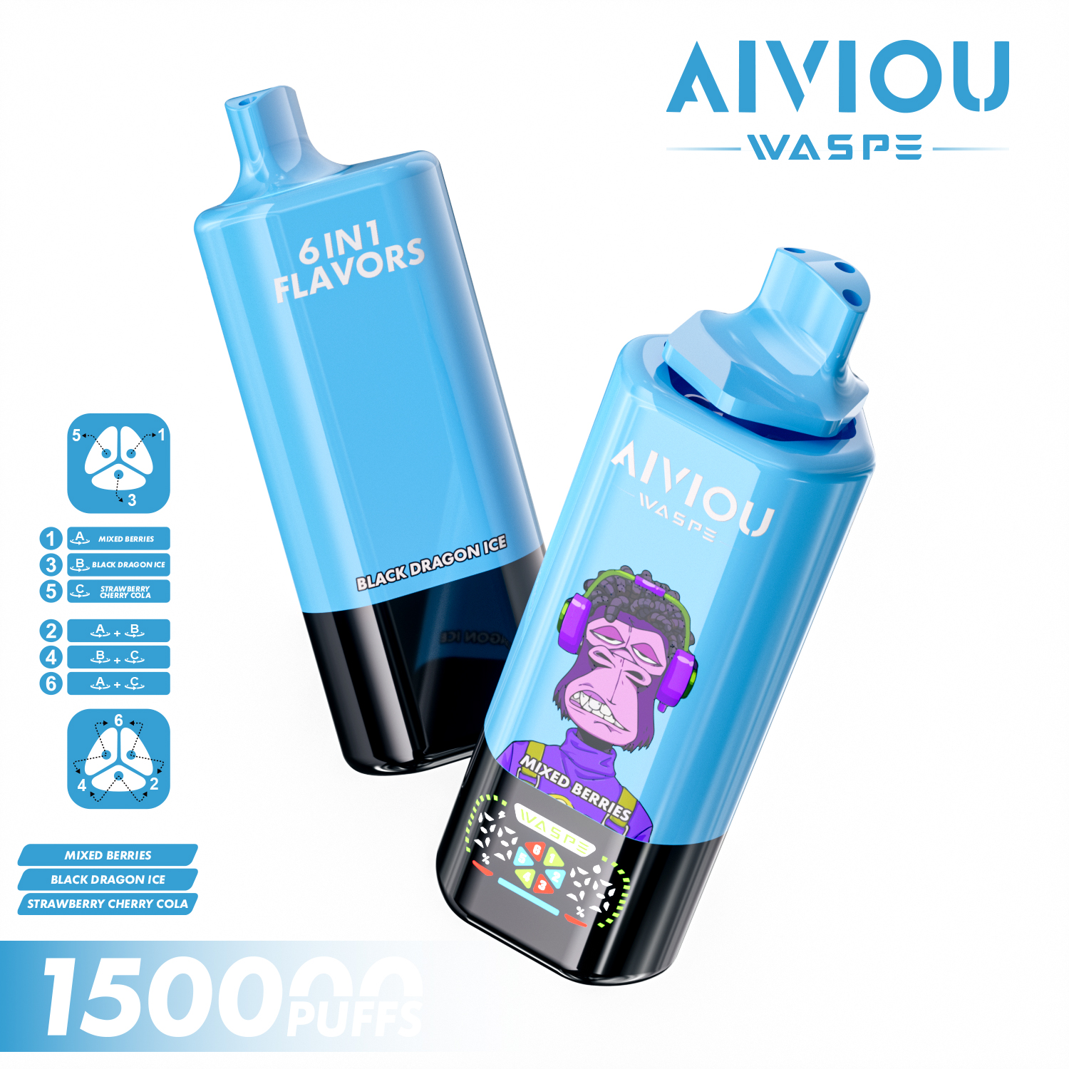 WASPE AIVIOU 150K | 150000 puffs, 64mL, 6 flavors in one, 6-in-1, longest-lasting, bulk disposable vape - Image 8