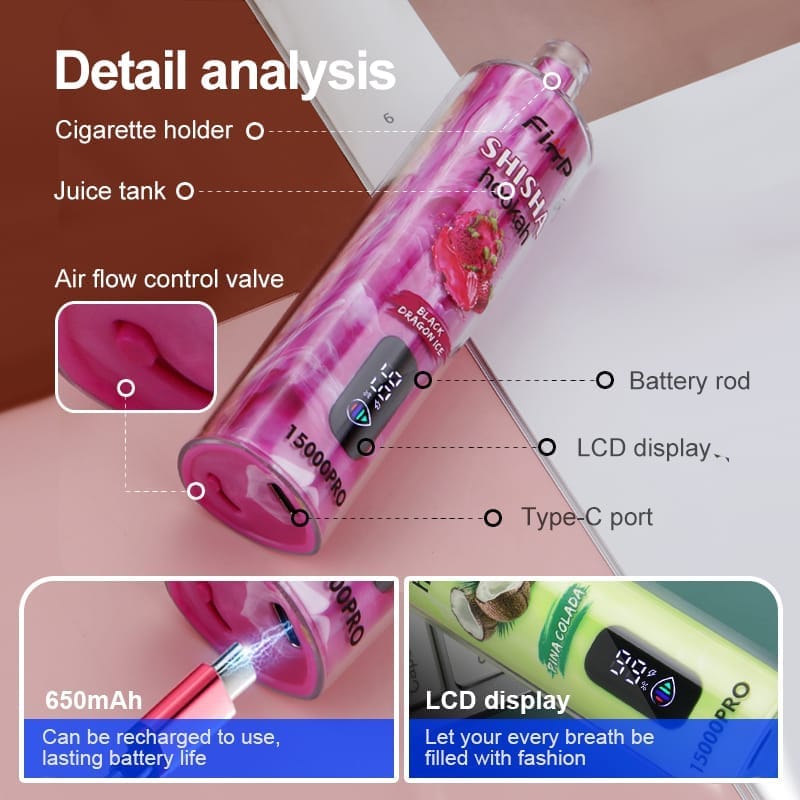 FIHP Shisha Hookah Pro 15000 Puffs | 0.6% nicotine, 22mL, LED display, bulk disposable vape - Image 2
