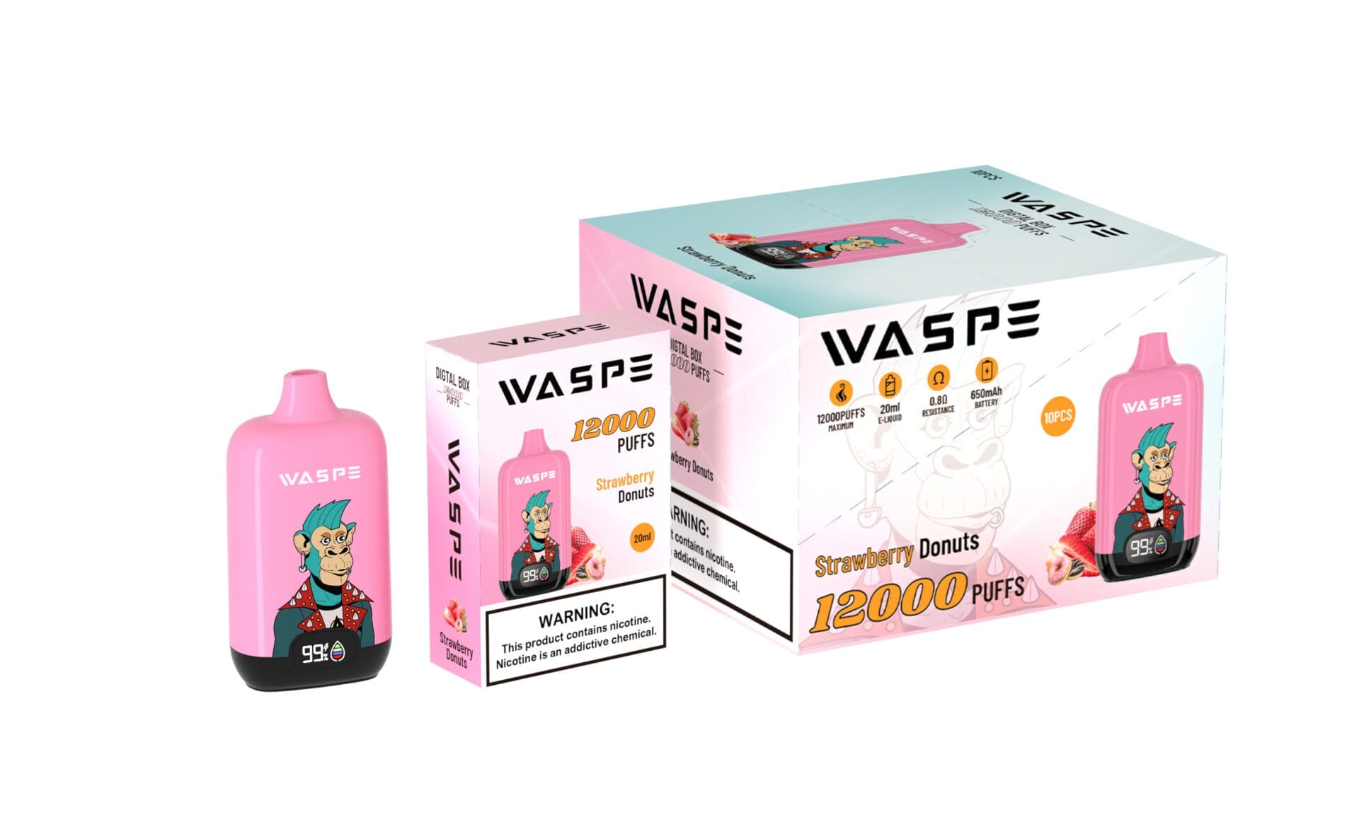 WASPE 12000 Puffs | 0%-5% nicotine, 20mL, 650mAh, LCD display, bulk disposable vape - Image 6