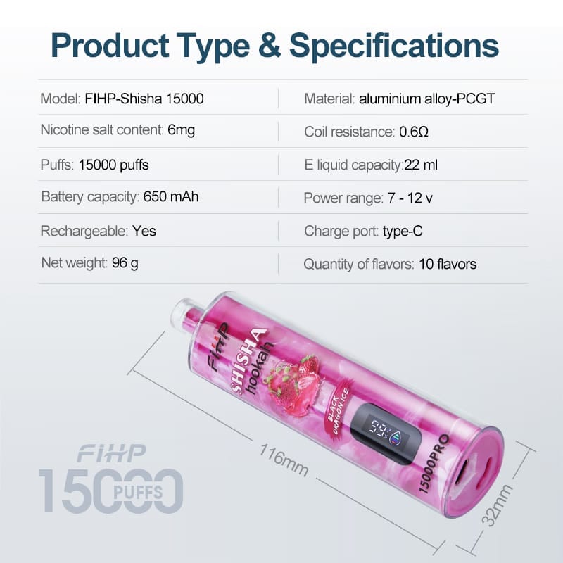 FIHP Shisha Hookah Pro 15000 Puffs | 0.6% nicotine, 22mL, LED display, bulk disposable vape - Image 3