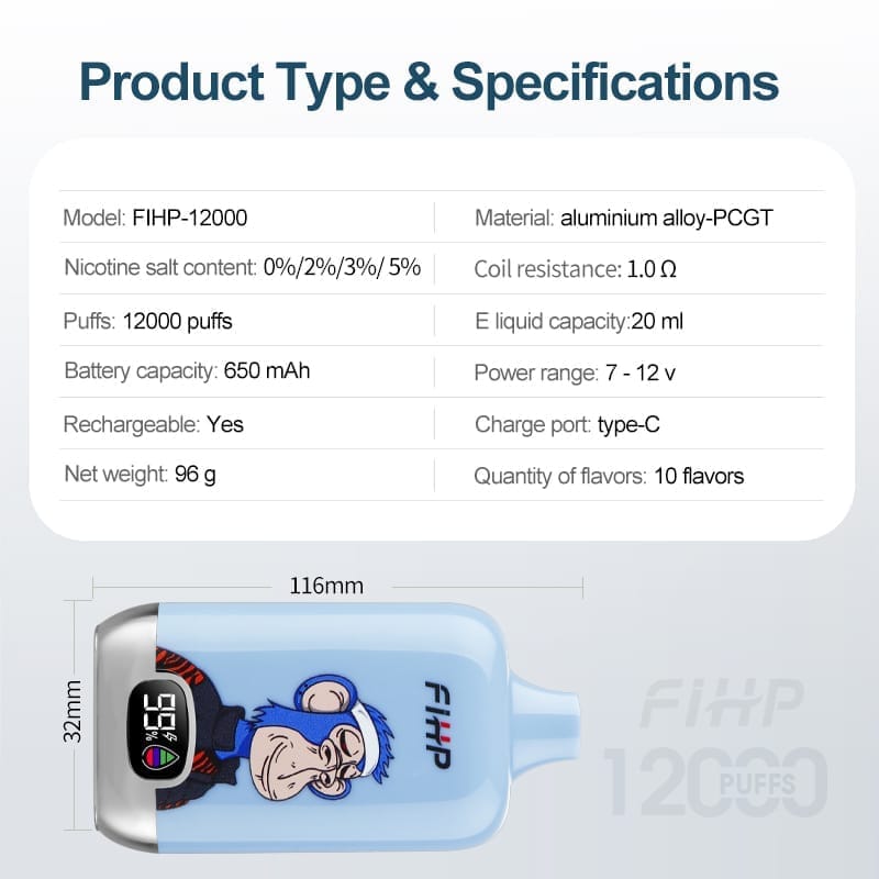 FIHP 12000 Puffs | 2%-5% nicotine, 20mL, LED display, bulk disposable vape - Image 3