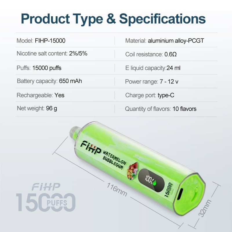 FIHP Shisha Hookah 15000 Puffs | 0.6% nicotine, bulk disposable vape - Image 2