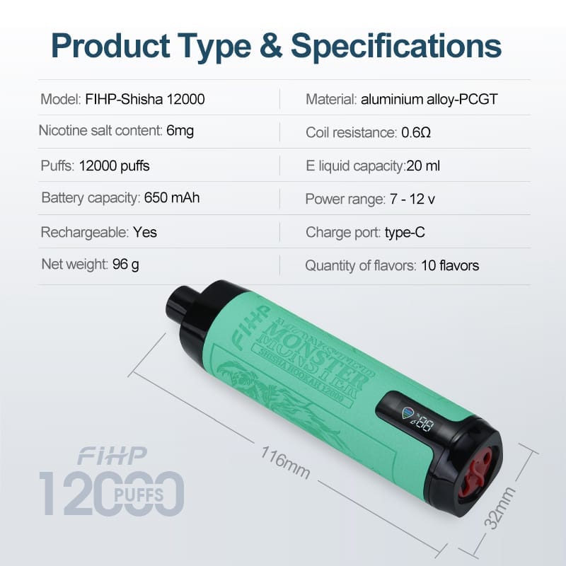 FIHP Shisha Hookah 12000 Puffs | 0.6% nicotine, bulk disposable vape - Image 2