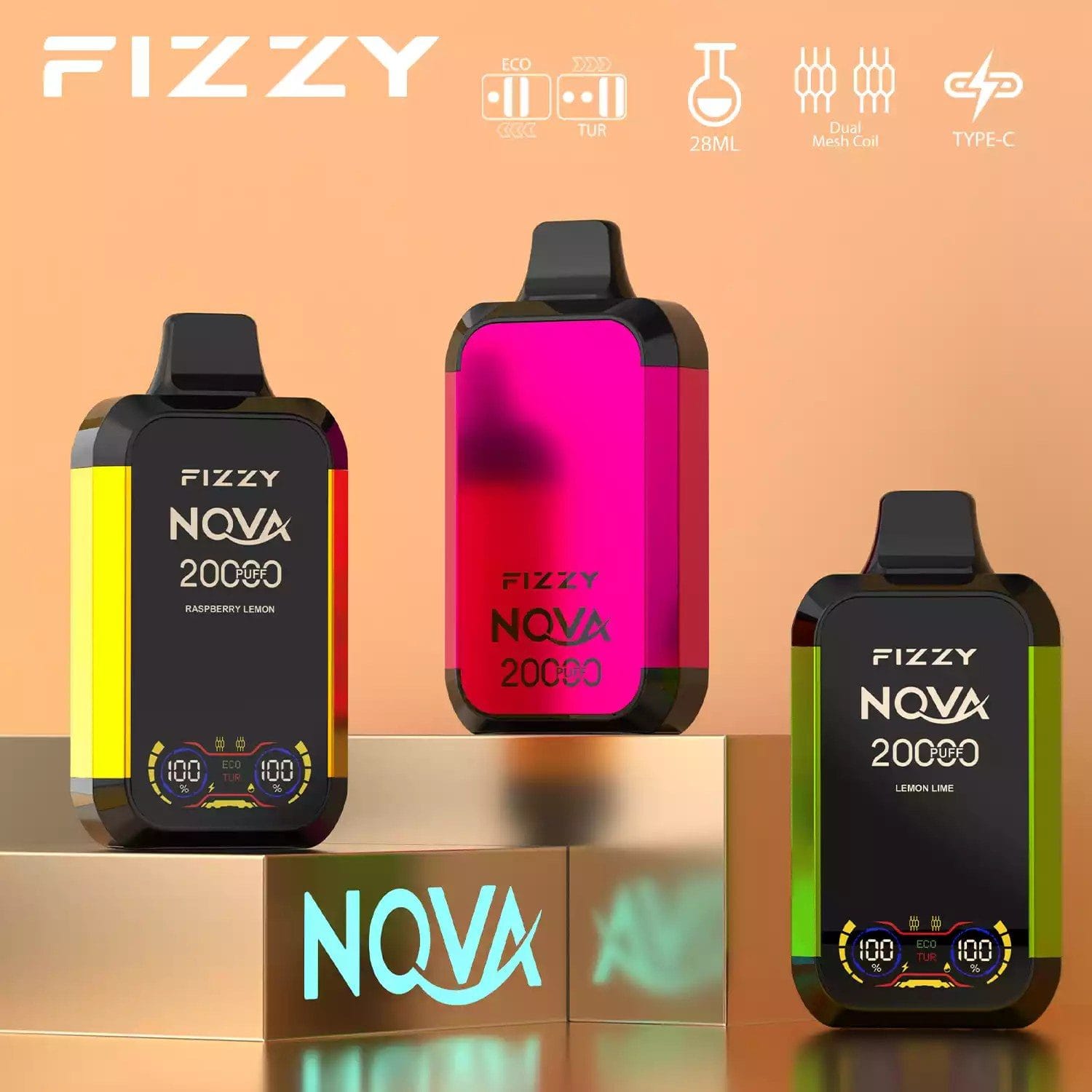 Fizzy Nova 20000 Puffs | dual mesh coil, LCD screen, rechargeable disposable vape bulk & wholesale
