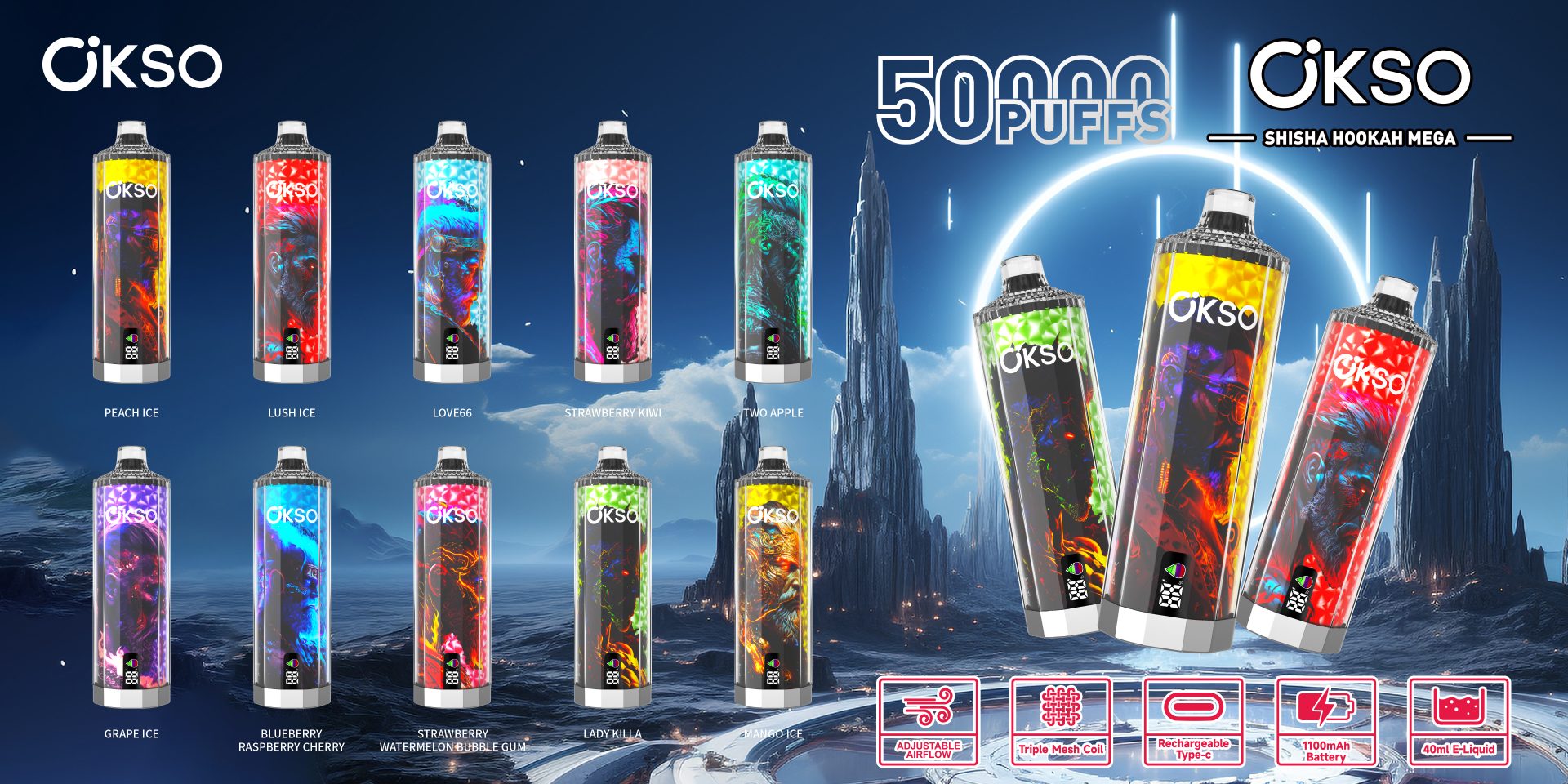 OKSO Shisha Hookah Mega 50000 Puffs | triple mesh coil, 40mL, LED display, adjustable airflow, bulk disposable vape - Image 11