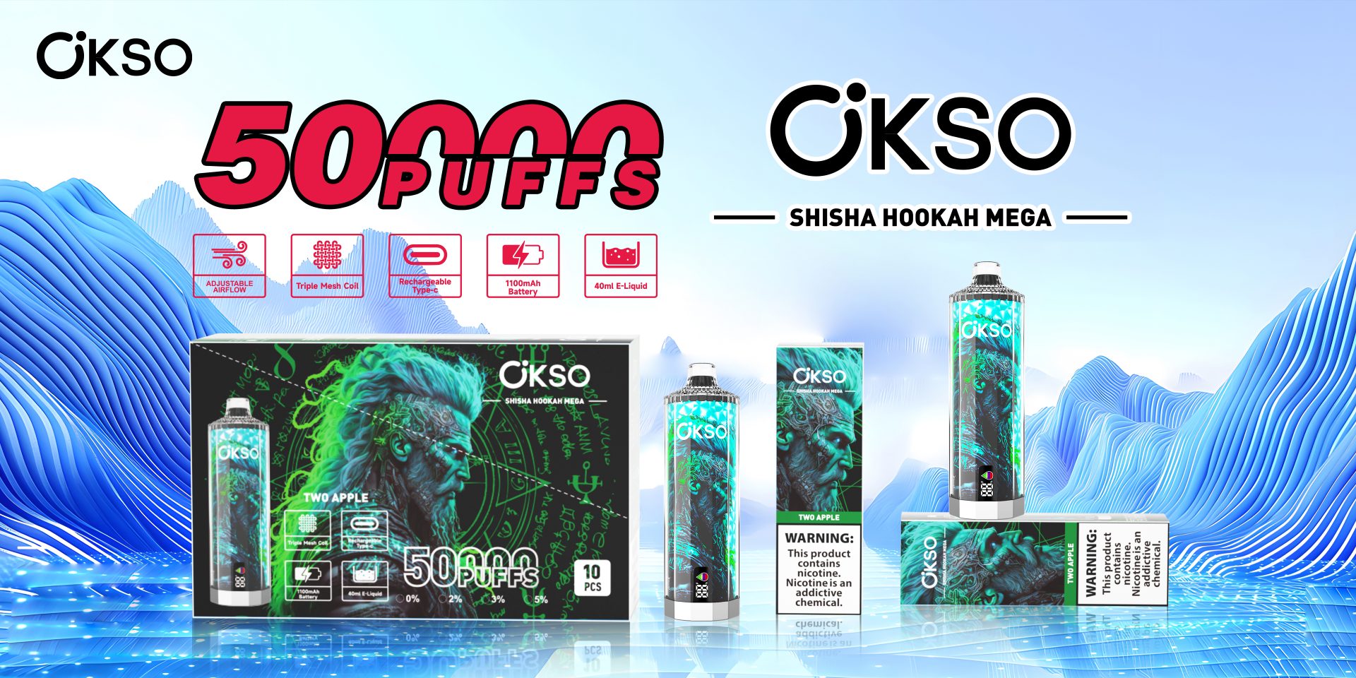 OKSO Shisha Hookah Mega 50000 Puffs | triple mesh coil, 40mL, LED display, adjustable airflow, bulk disposable vape - Image 10