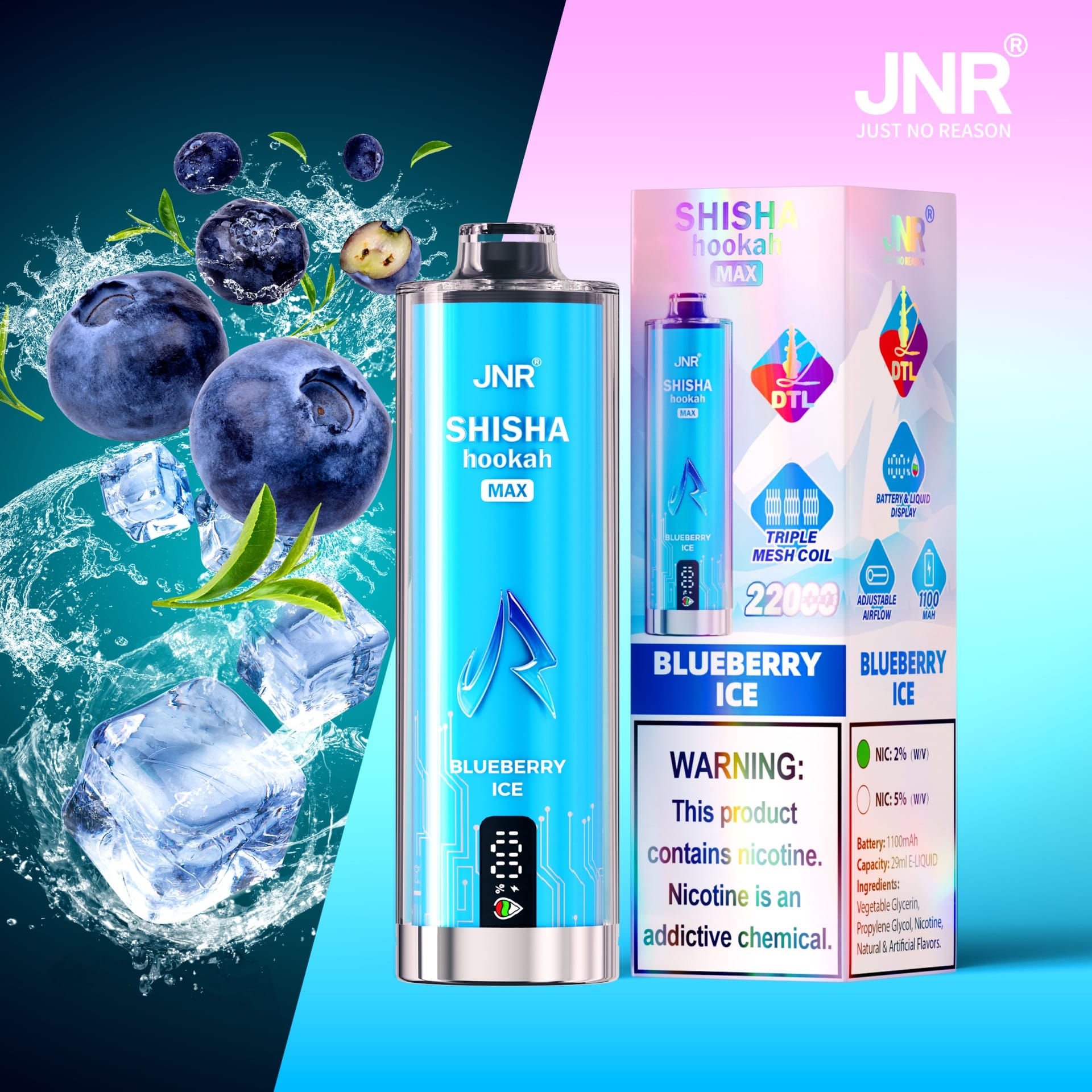 JNR Shisha Max 22000 Puffs | 2% nicotine, 29mL, triple mesh, airflow control, battery & liquid display - Image 2