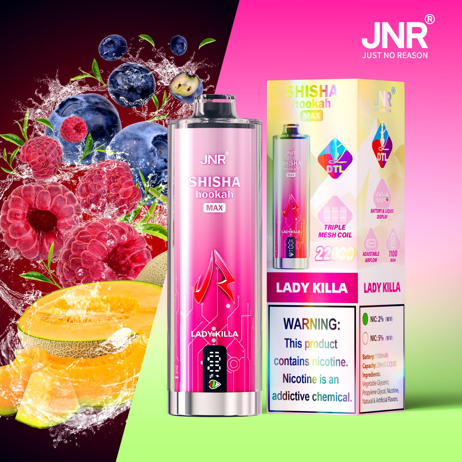 JNR Shisha Max 22000 Puffs | 2% nicotine, 29mL, triple mesh, airflow control, battery & liquid display - Image 3
