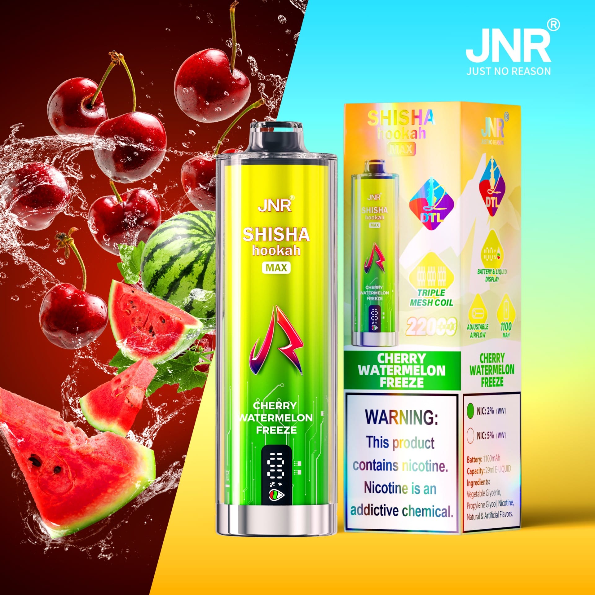 JNR Shisha Max 22000 Puffs | 2% nicotine, 29mL, triple mesh, airflow control, battery & liquid display - Image 4
