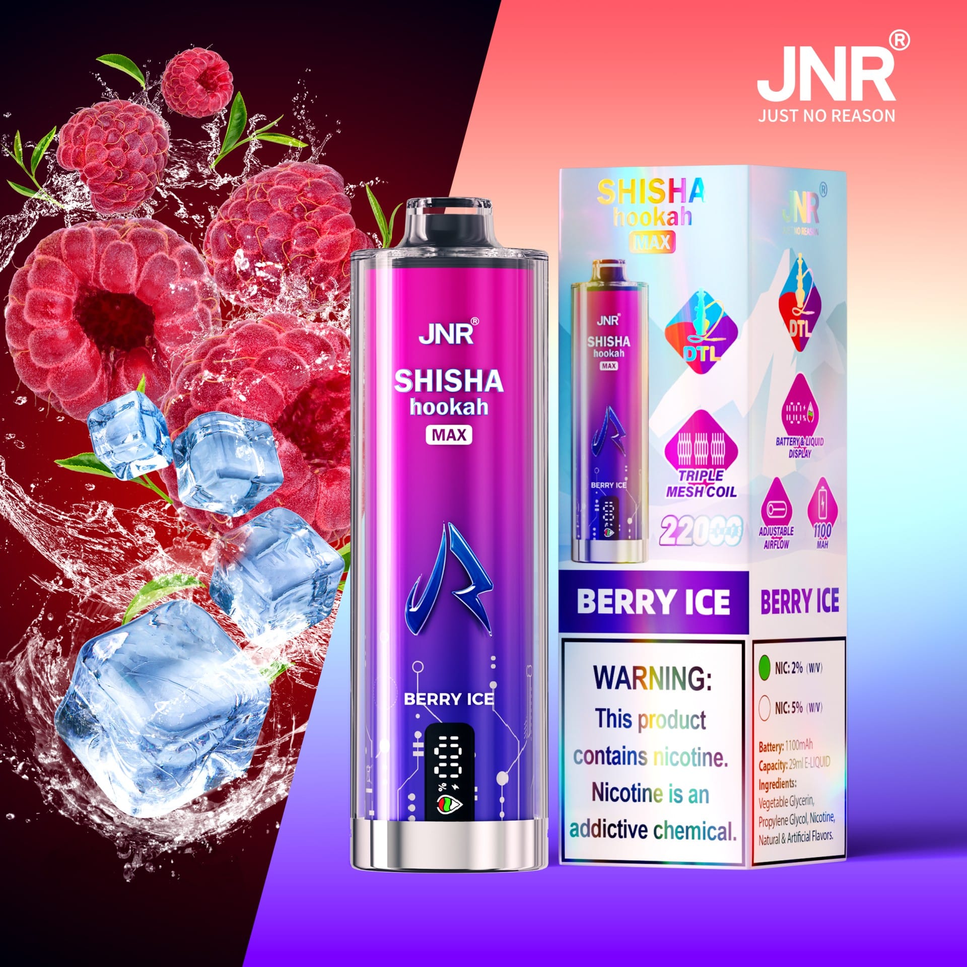 JNR Shisha Max 22000 Puffs | 2% nicotine, 29mL, triple mesh, airflow control, battery & liquid display - Image 5