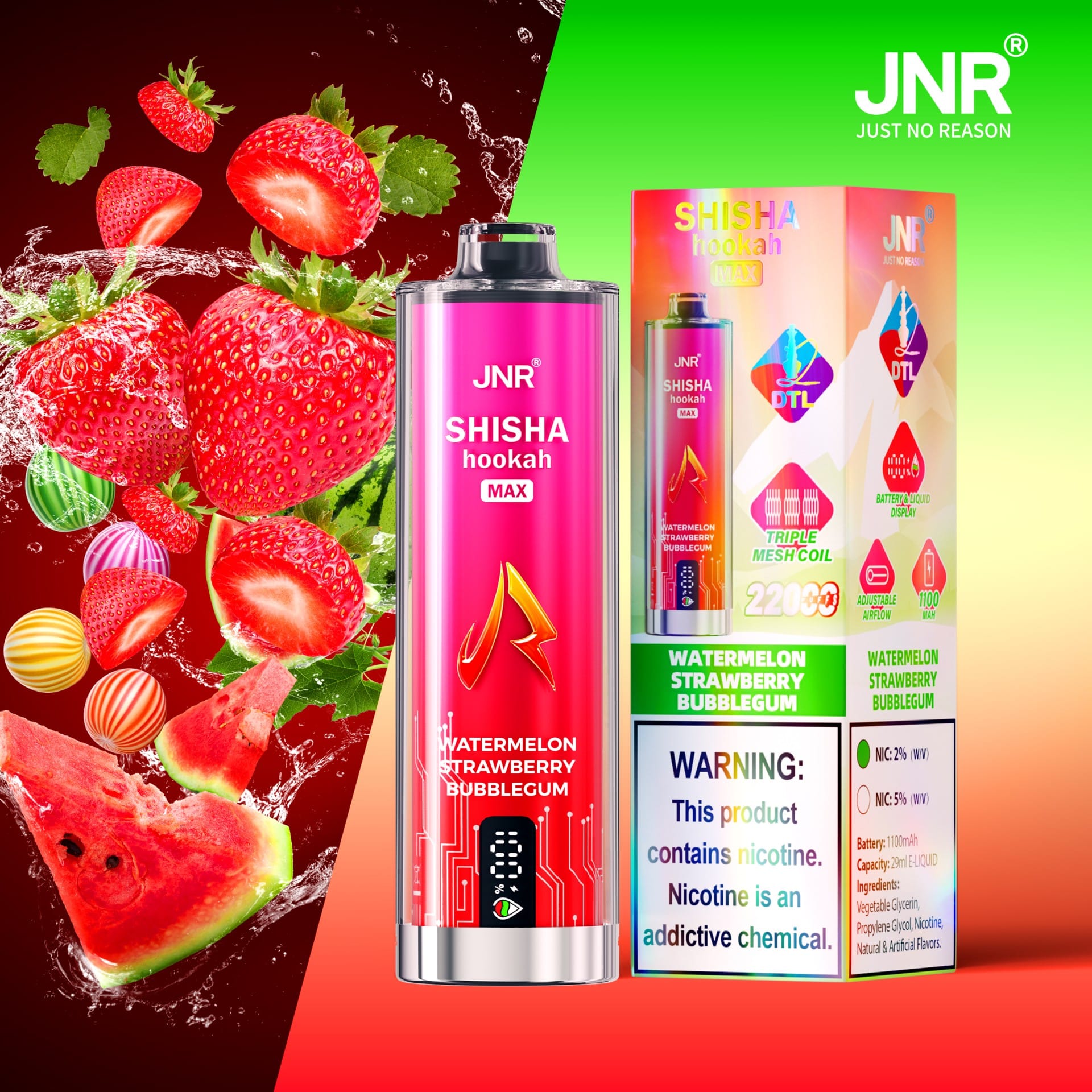 JNR Shisha Max 22000 Puffs | 2% nicotine, 29mL, triple mesh, airflow control, battery & liquid display - Image 6