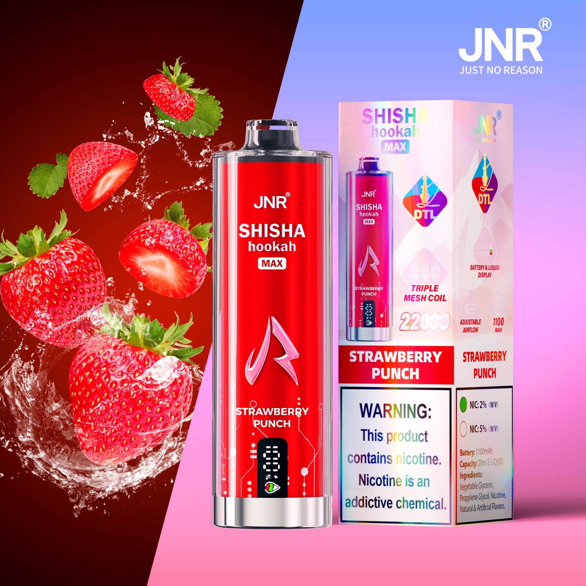 JNR Shisha Max 22000 Puffs | 2% nicotine, 29mL, triple mesh, airflow control, battery & liquid display - Image 8