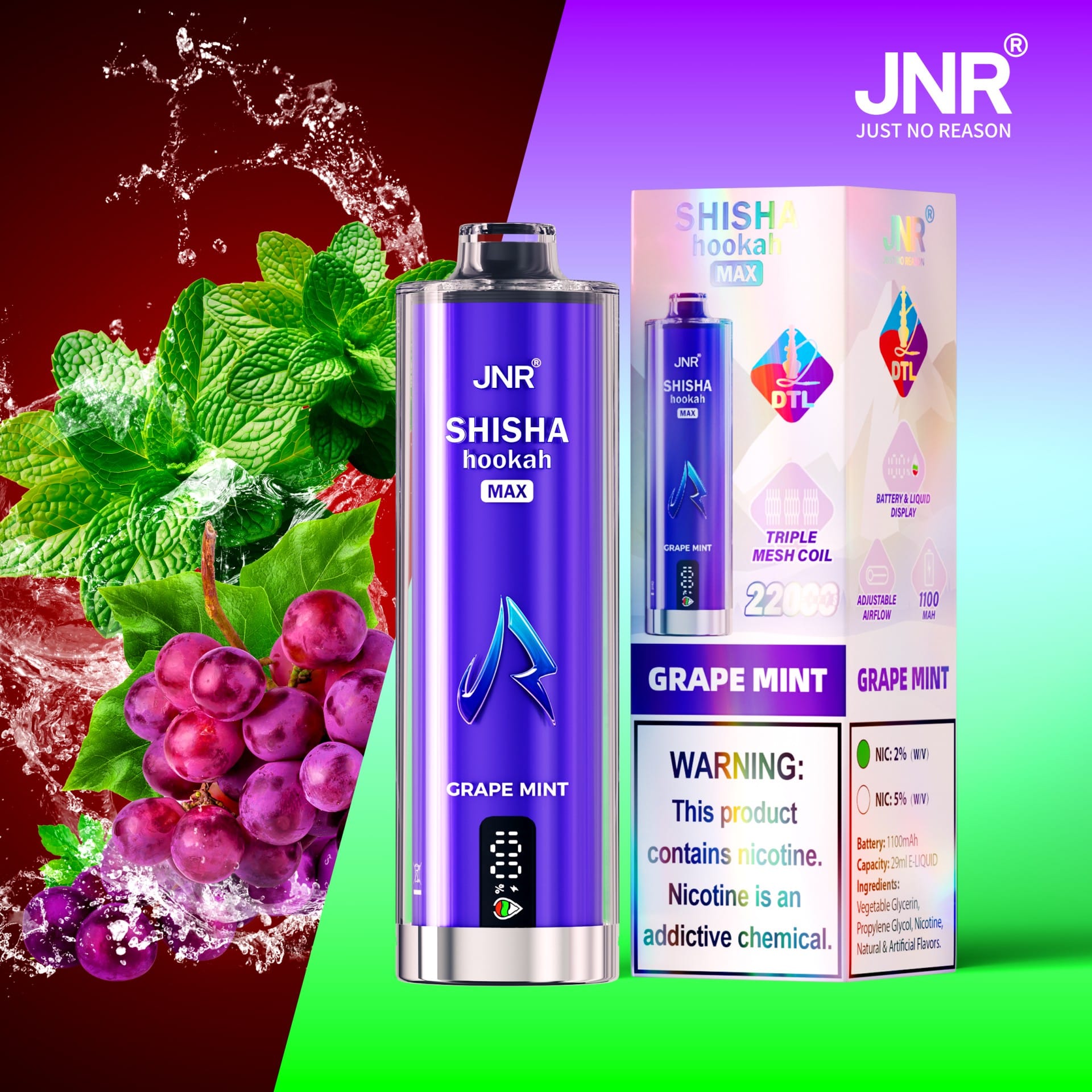 JNR Shisha Max 22000 Puffs | 2% nicotine, 29mL, triple mesh, airflow control, battery & liquid display - Image 13