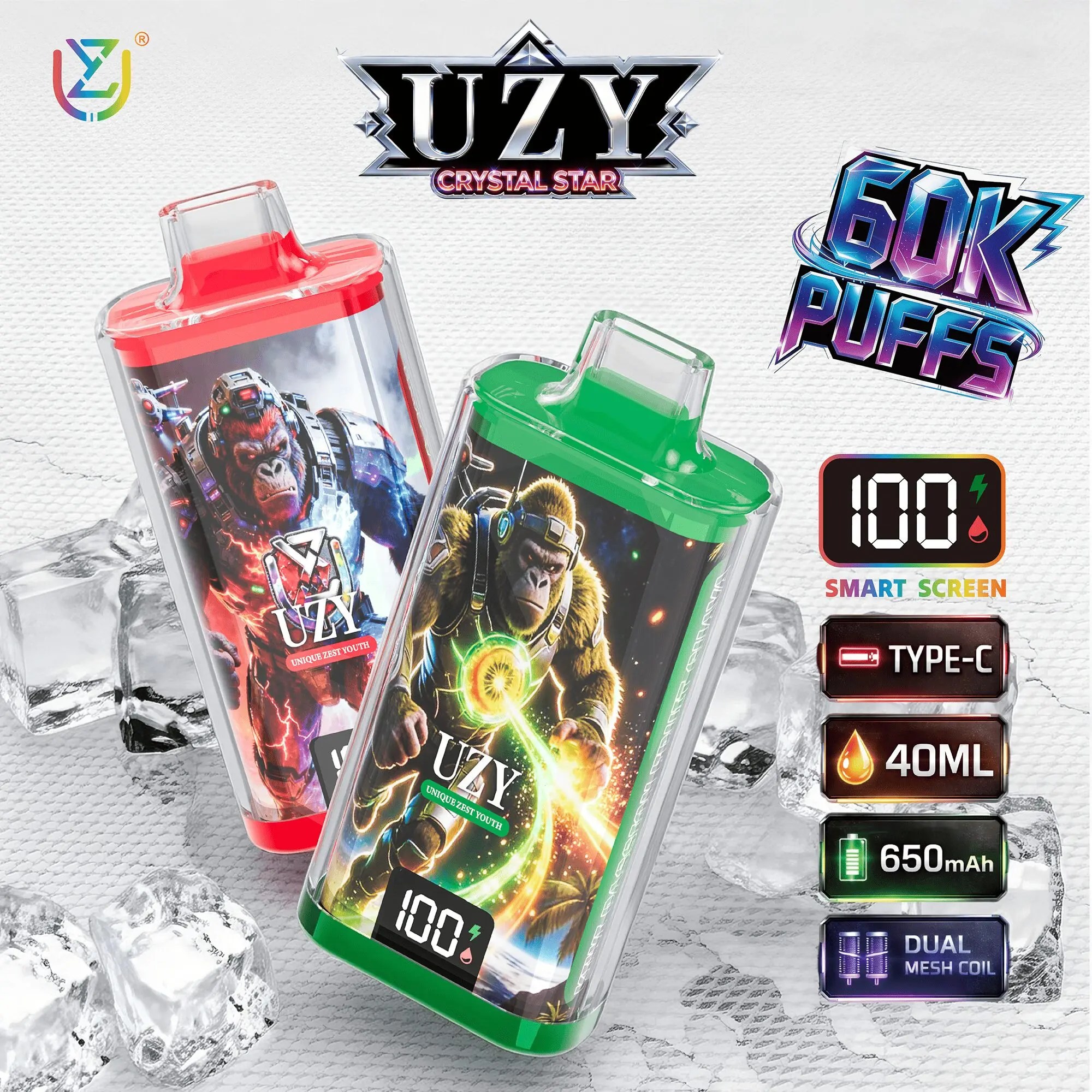 UZY Crystal Star 60K | 60000 puffs, smart display, dual mesh coil, 12 flavors, bulk disposable vape