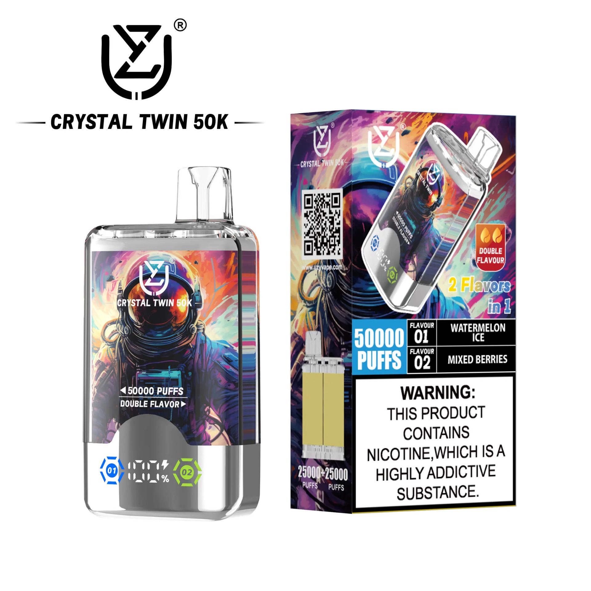 UZY Crystal Twin 50K | 2-in-1 dual-flavor 50000 puffs smart LED display 40ml mega capacity wholesale