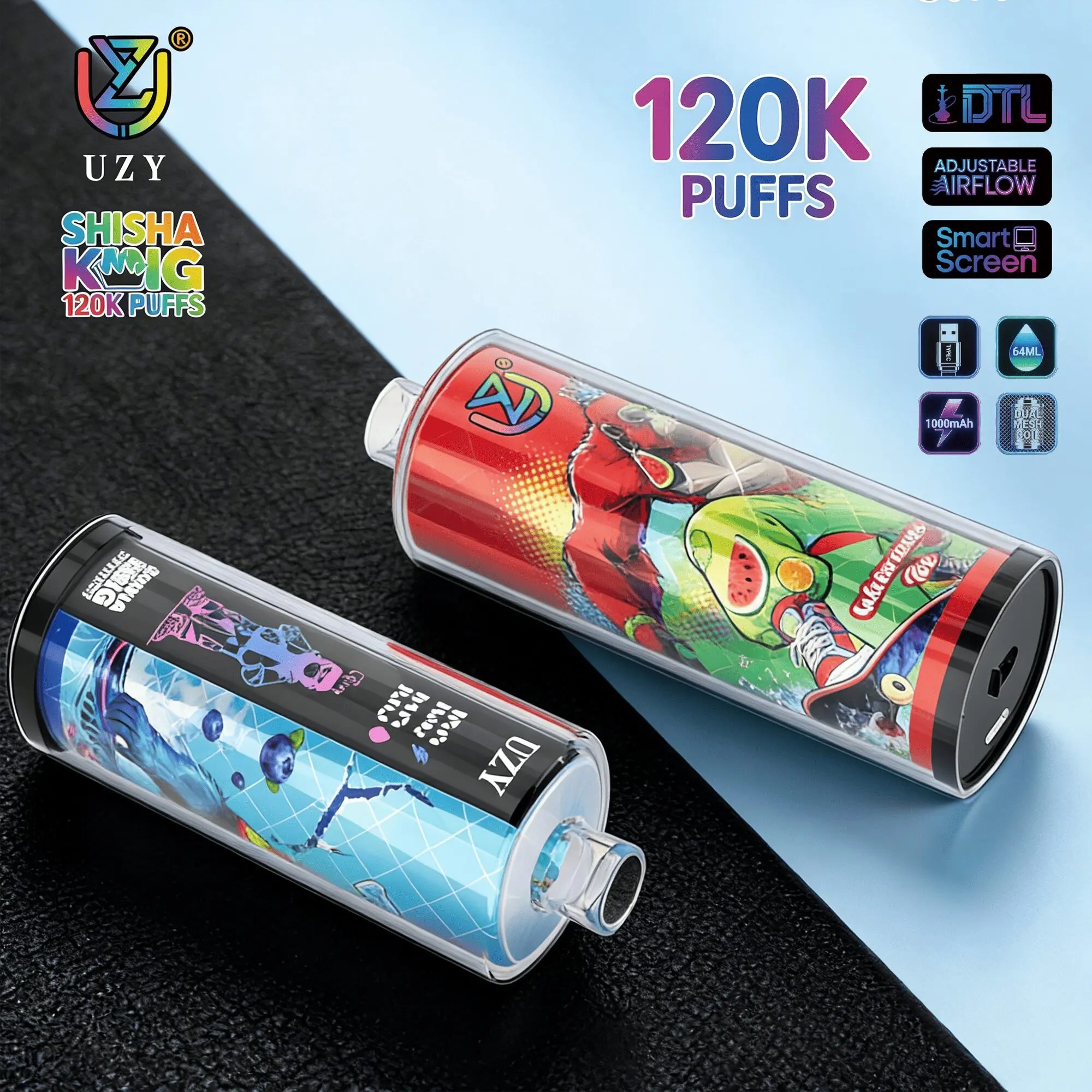 UZY Shisha Hookah King 120K | 120000 puffs, DTL, smart screen, adjustable airflow, bulk disposable vape