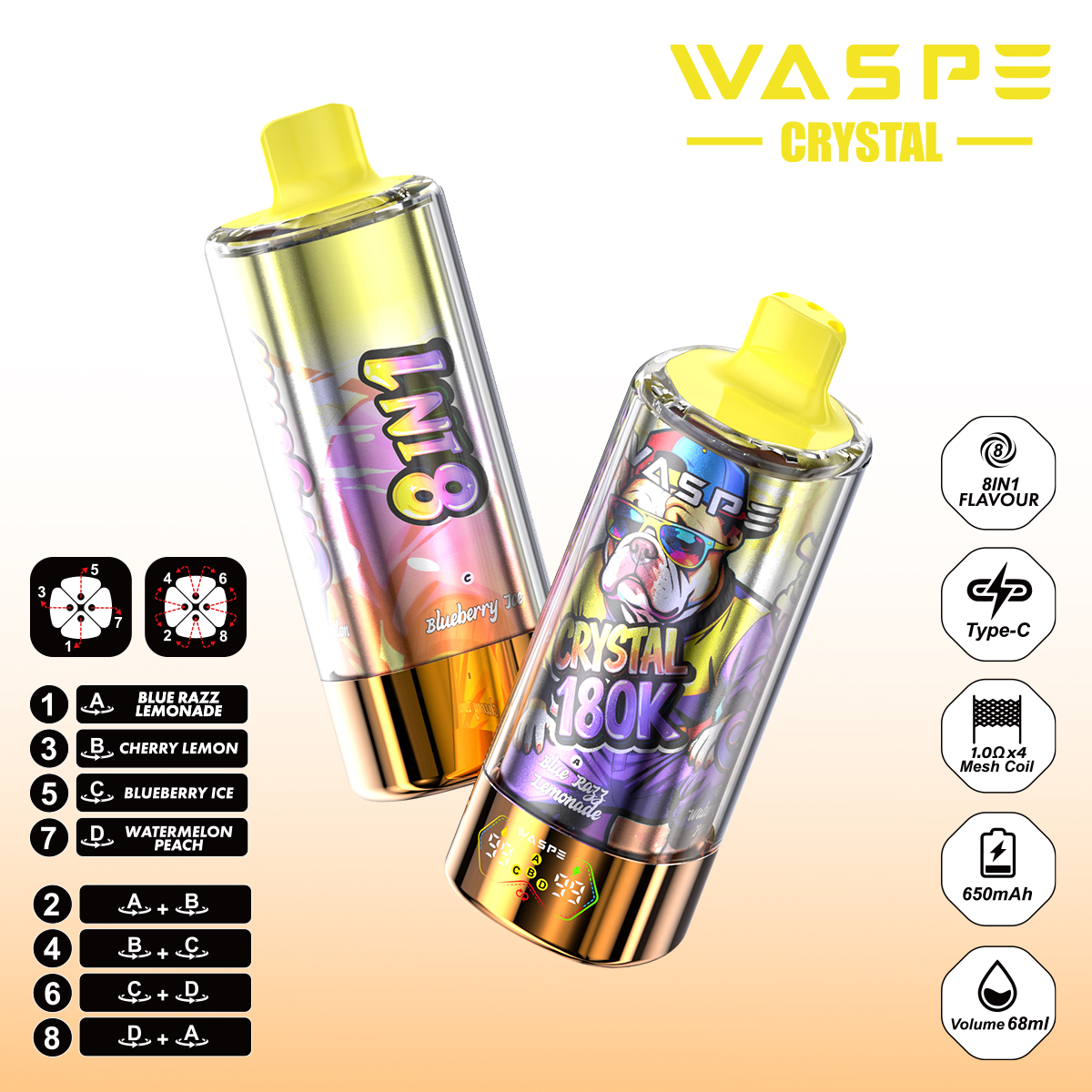 WASPE Crystal 180K | 8-in-1 flavor switch, 180000 puffs, LED display, bulk disposable vape - Image 13