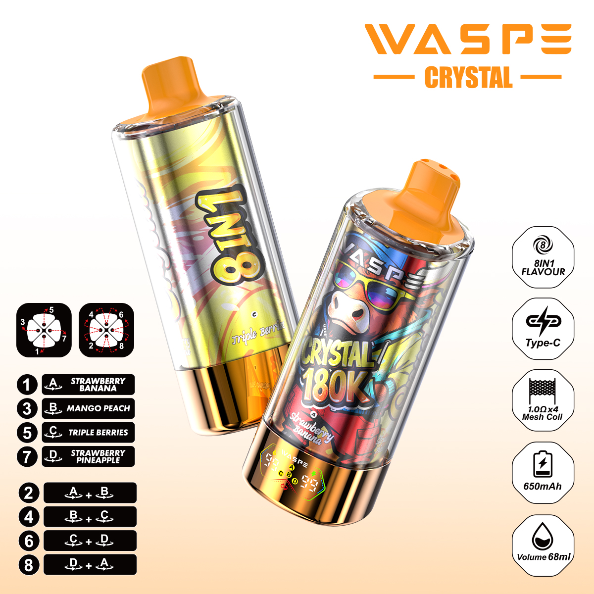 WASPE Crystal 180K | 8-in-1 flavor switch, 180000 puffs, LED display, bulk disposable vape - Image 12