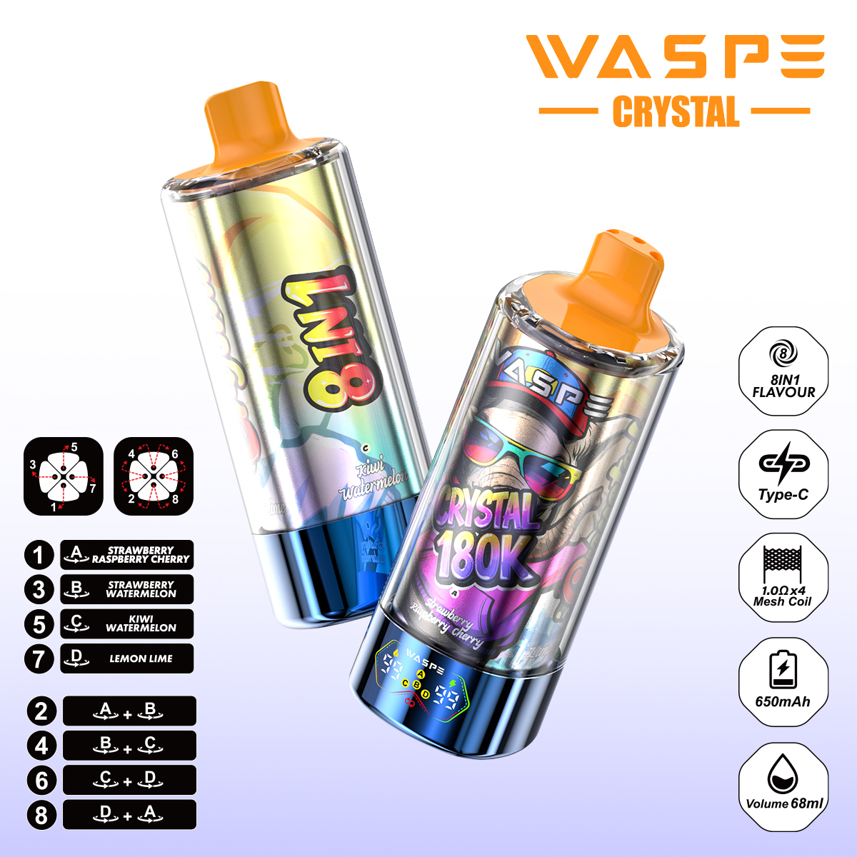 WASPE Crystal 180K | 8-in-1 flavor switch, 180000 puffs, LED display, bulk disposable vape - Image 11