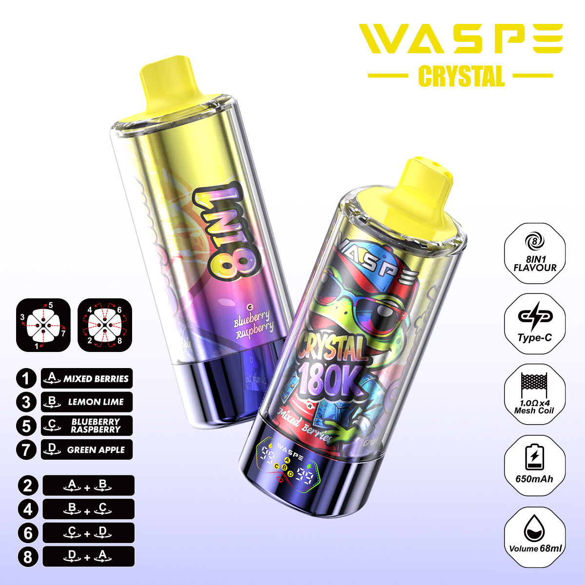 WASPE Crystal 180K | 8-in-1 flavor switch, 180000 puffs, LED display, bulk disposable vape - Image 10