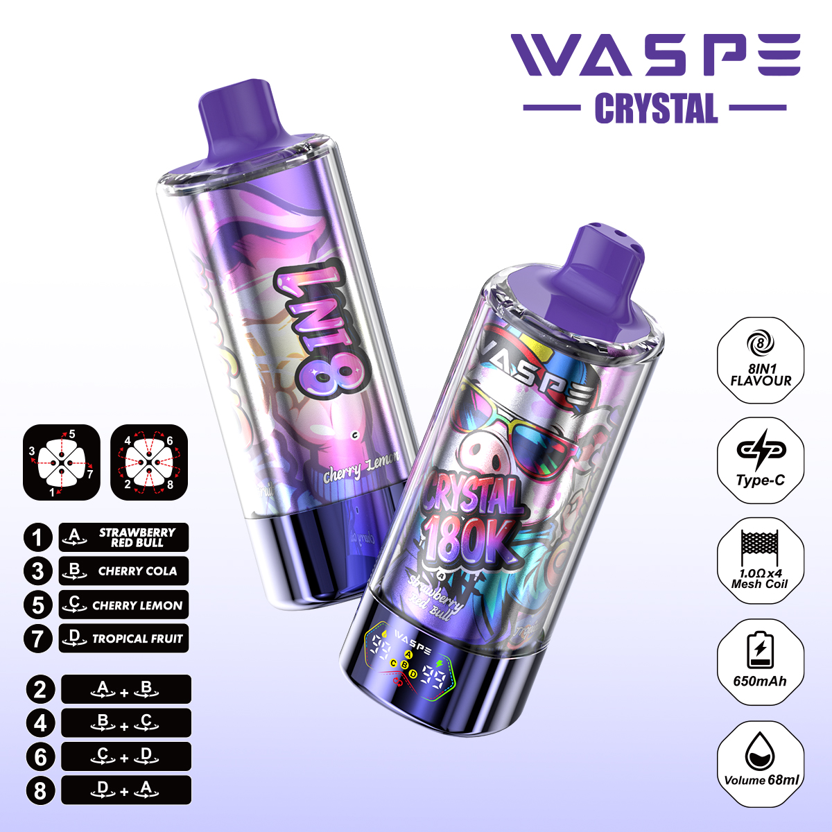 WASPE Crystal 180K | 8-in-1 flavor switch, 180000 puffs, LED display, bulk disposable vape - Image 9