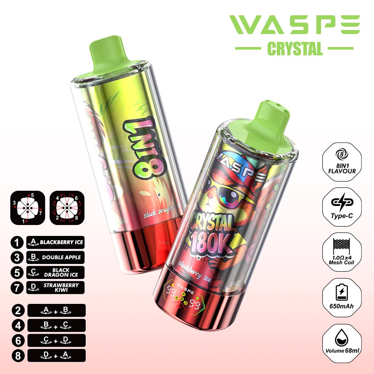 WASPE Crystal 180K | 8-in-1 flavor switch, 180000 puffs, LED display, bulk disposable vape - Image 8