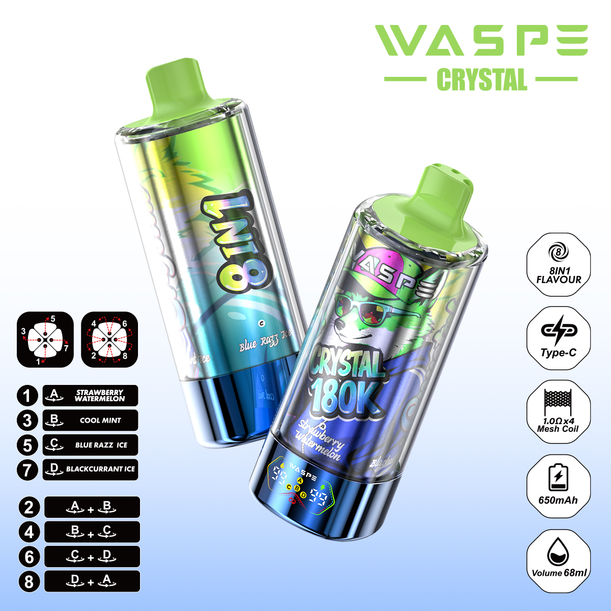 WASPE Crystal 180K | 8-in-1 flavor switch, 180000 puffs, LED display, bulk disposable vape - Image 7